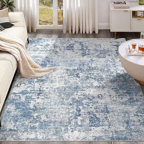 6x9 Area Rug Living Room Rugs - Washable Neutral Modern Abstract Soft Thin Rug Indoor Floor No Slip Rug Carpet for Bedroom Under Dining Table Home Office Decor - Blue White