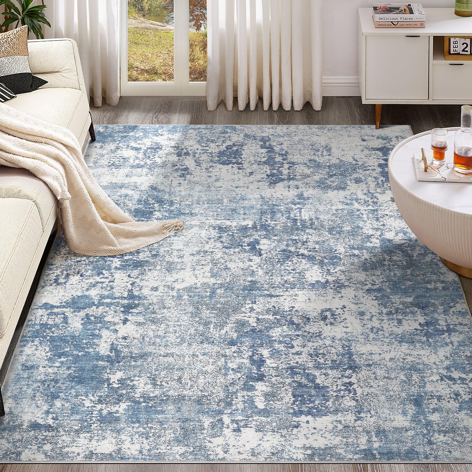 (similar )living room rugs - washable neutral modern abstract soft thin rug indoor floor no slip rug carpet for bedroom under dining table home office decor - blue white