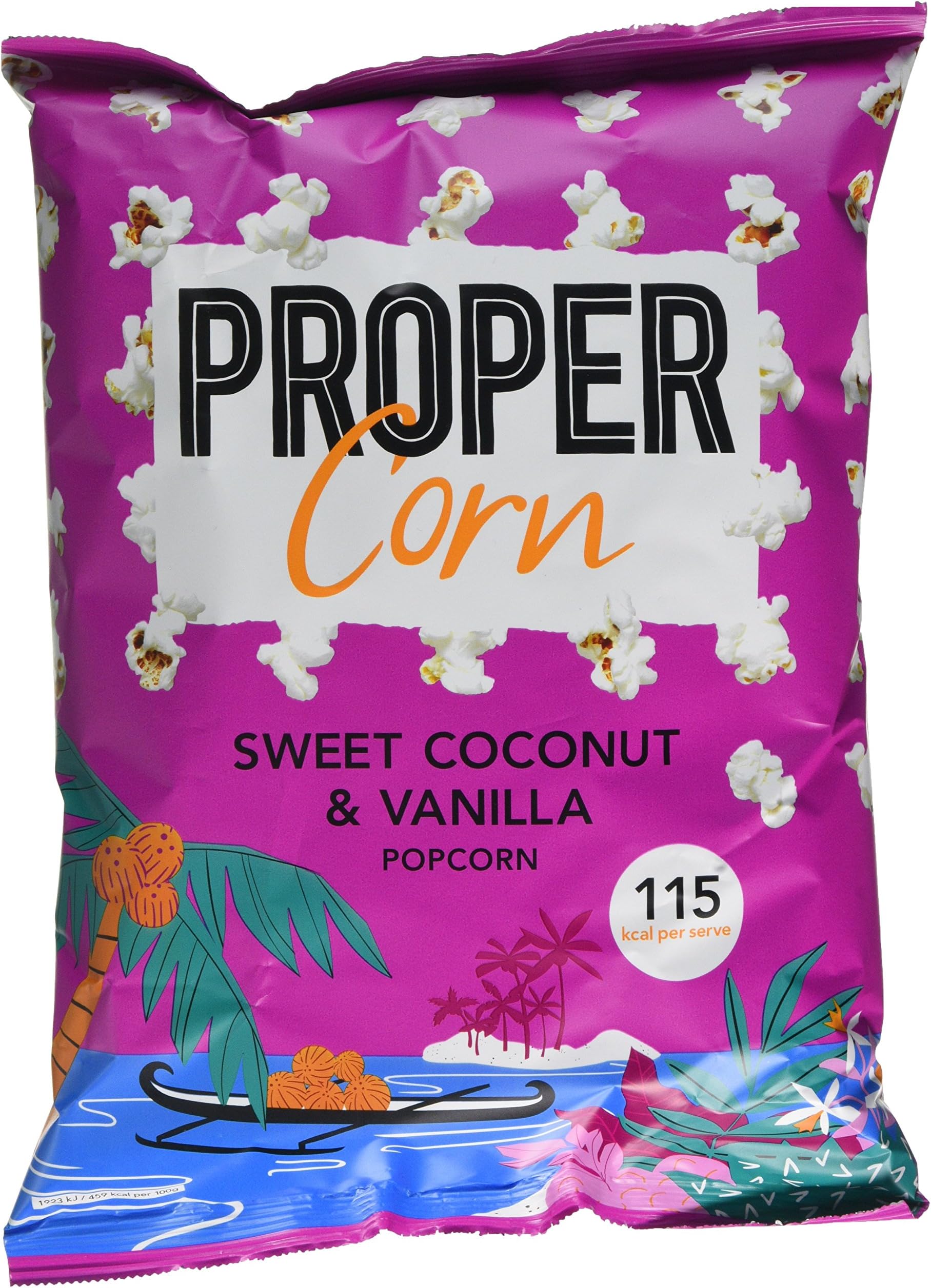 PROPERCORN Sweet Coconut and Vanilla Popcorn, 90 g, Pack of 8
