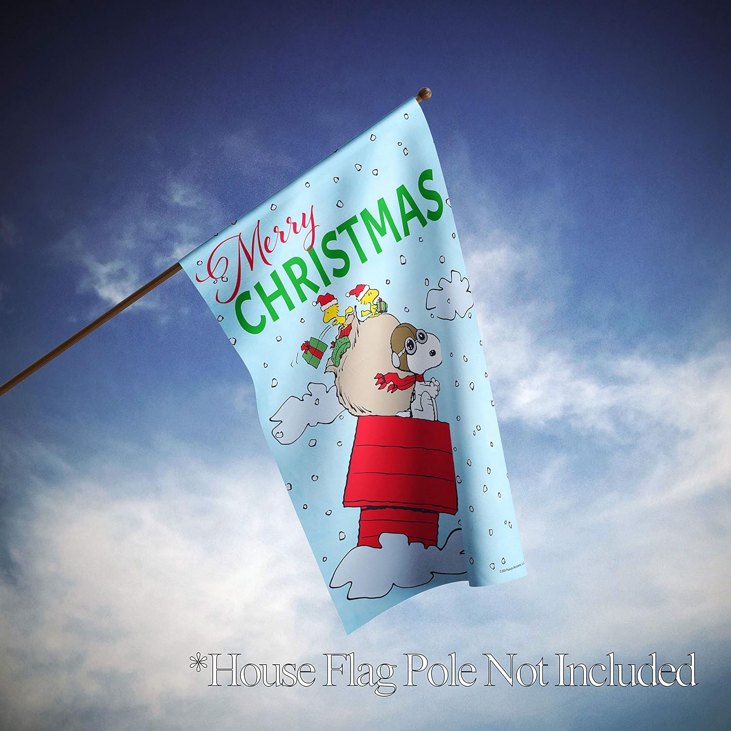 Flagology.com, PEANUTS®, Merry Christmas Snoopy Sleigh – House Flag 28" x 40", Officially Licensed PEANUTS®, Christmas