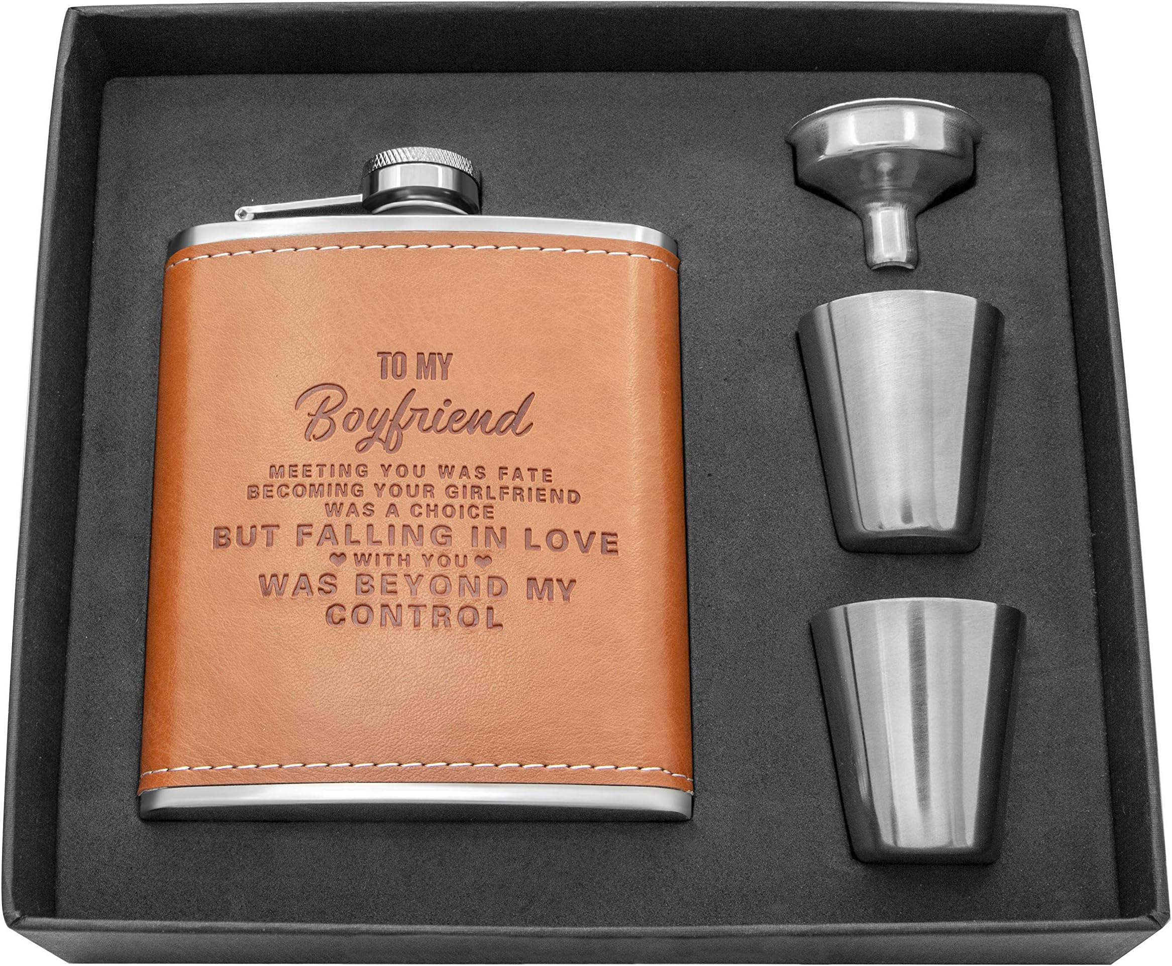 K KENONPersonalized Flask Set- Engraved Custom Hip Flasks For Boyfriend- Stainless Steel with Leather Flask Gifts For Men, Birthday Christmas Valentine's Gift For Boyfriend