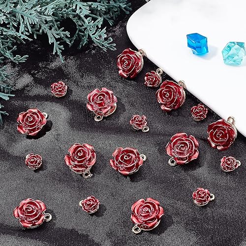 Miniatura 4 de SUNNYCLUE 1 caja de 40 dijes de rosas de 2 estilos a granel 3D para hacer joyas, dije de flor roja, árbol de la vida, collar, pulsera, aretes,
