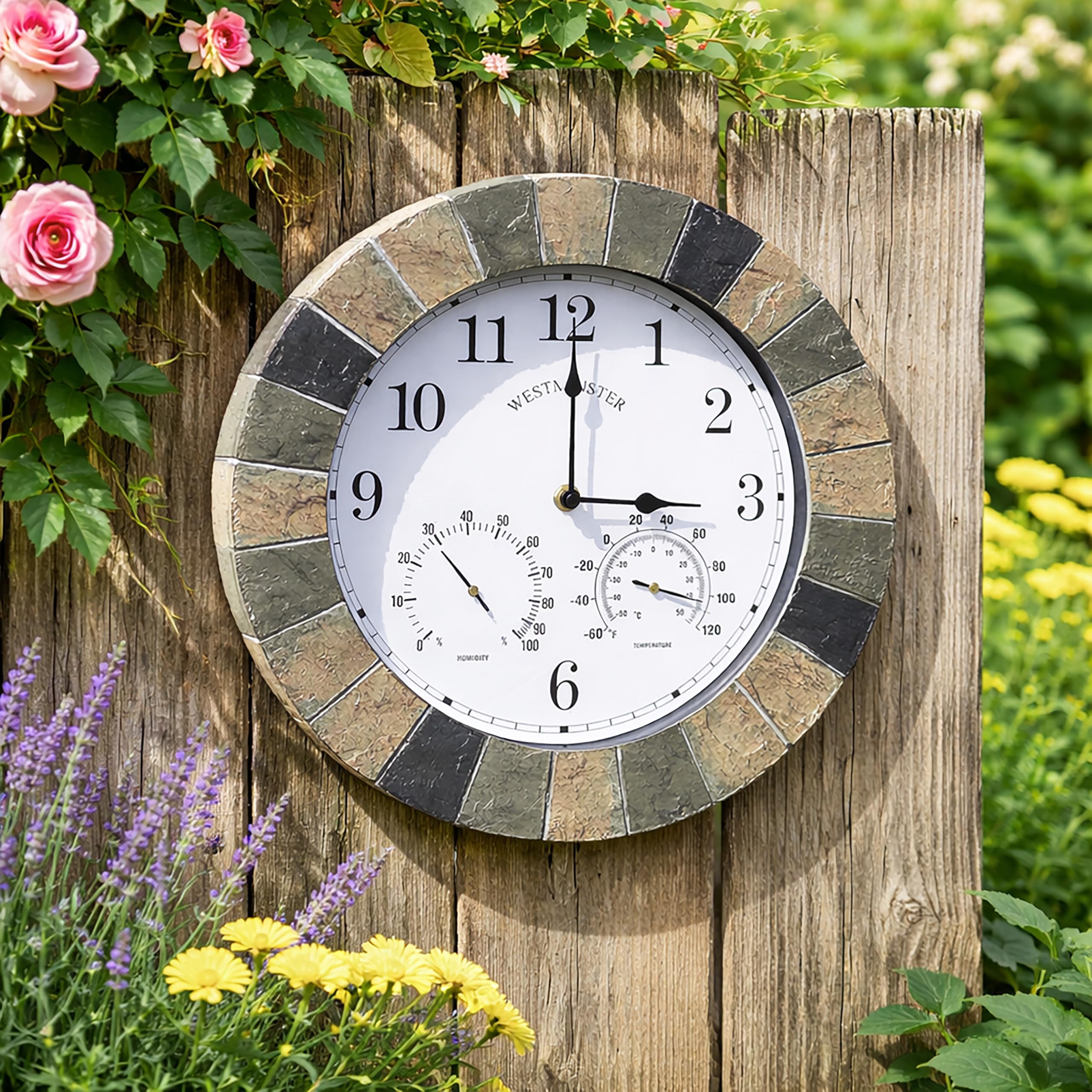 Homezone Modern Round Shape Slate Effect Wall Clock - Power Operated Waterproof and Weatherproof Large Garden Clock - Indoor or Outdoor Decorative Ornament Clock for Living Room, Home Decor (35cm)