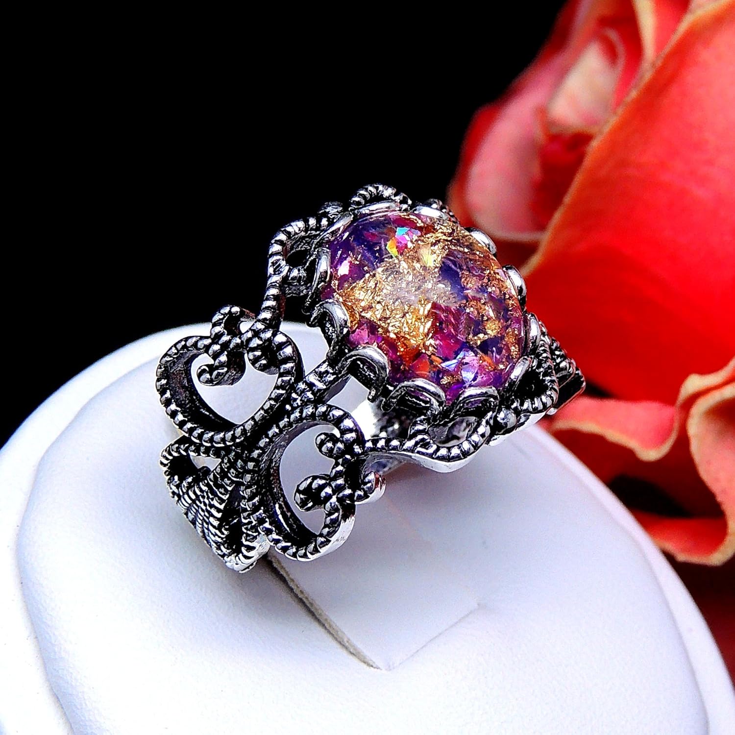 Malori Simulated Fire Opal Statement Ring for Women by Ginger Lyne | Oval Stone Filigree Silver Plated Setting Faux Birthstone Ring for Her | Gift for Mom or Wife