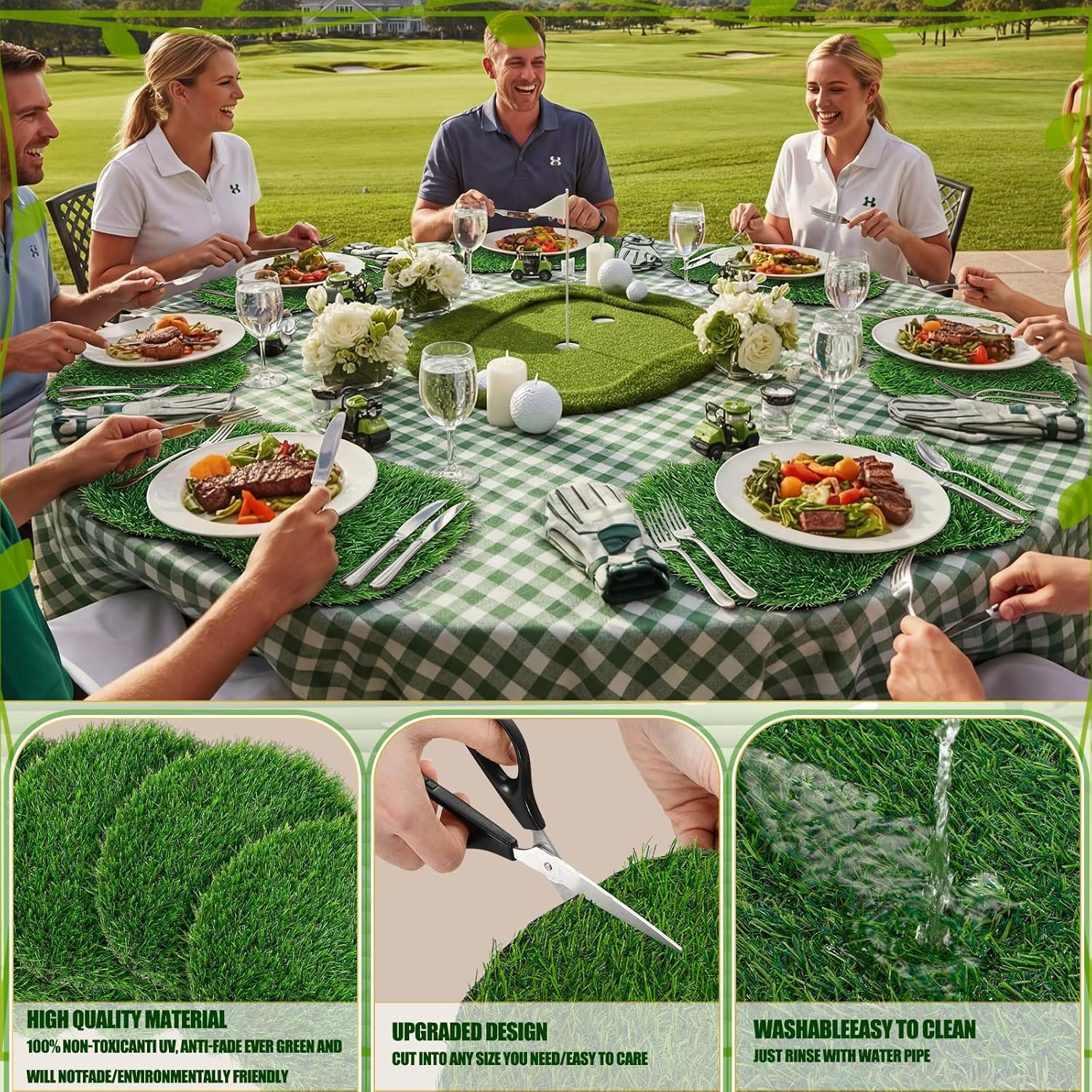 Gilprop 7 Pcs Golf Artificial Grass Placemats Table Runner Set Golf Artificial Mat Green Fake Grass Table Runner Centerpiece Placemat Sport Theme Party Decoration for Wedding Baby Shower Golfs Lover