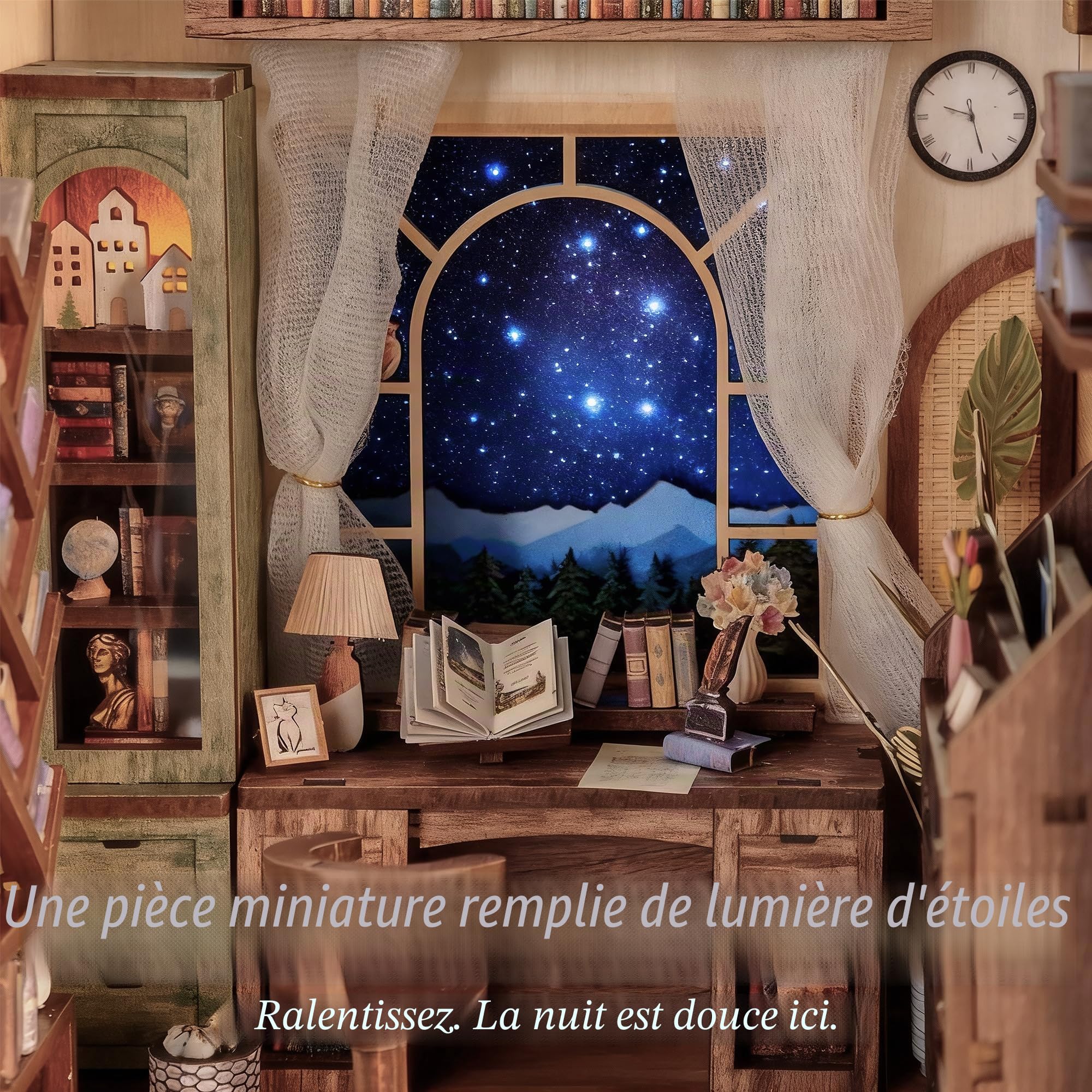 DolphinIsle - Kits de coin de lecture pour adultes, décor de bibliothèque DIY Booknook 3D en bois avec puzzle étoiles et coin lecture scintillant avec ciel étoilé