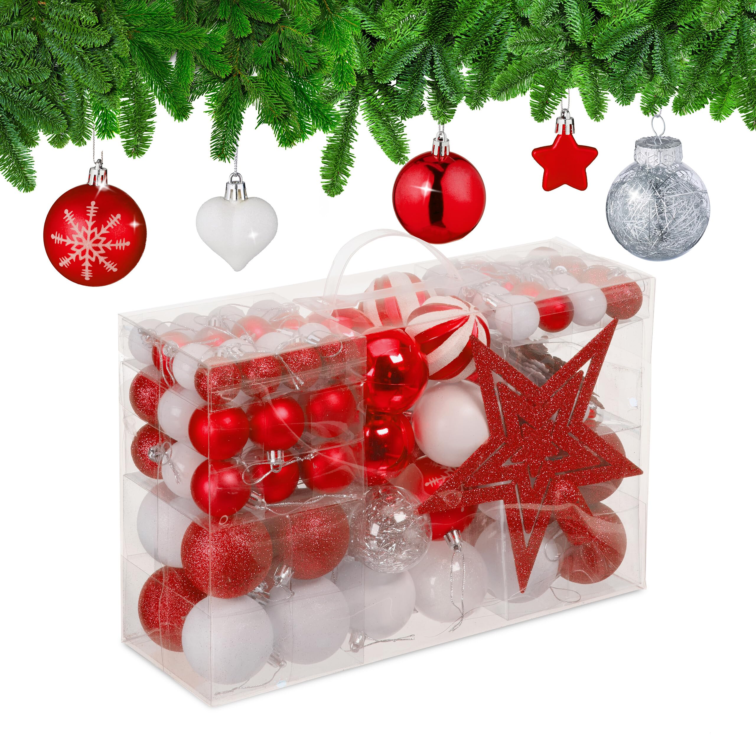 Relaxdays Set 101 Bolas Árbol Navidad, Plástico, Adornos Navideños con Bolitas y Estrella, Decoración, Rojo/​Blanco