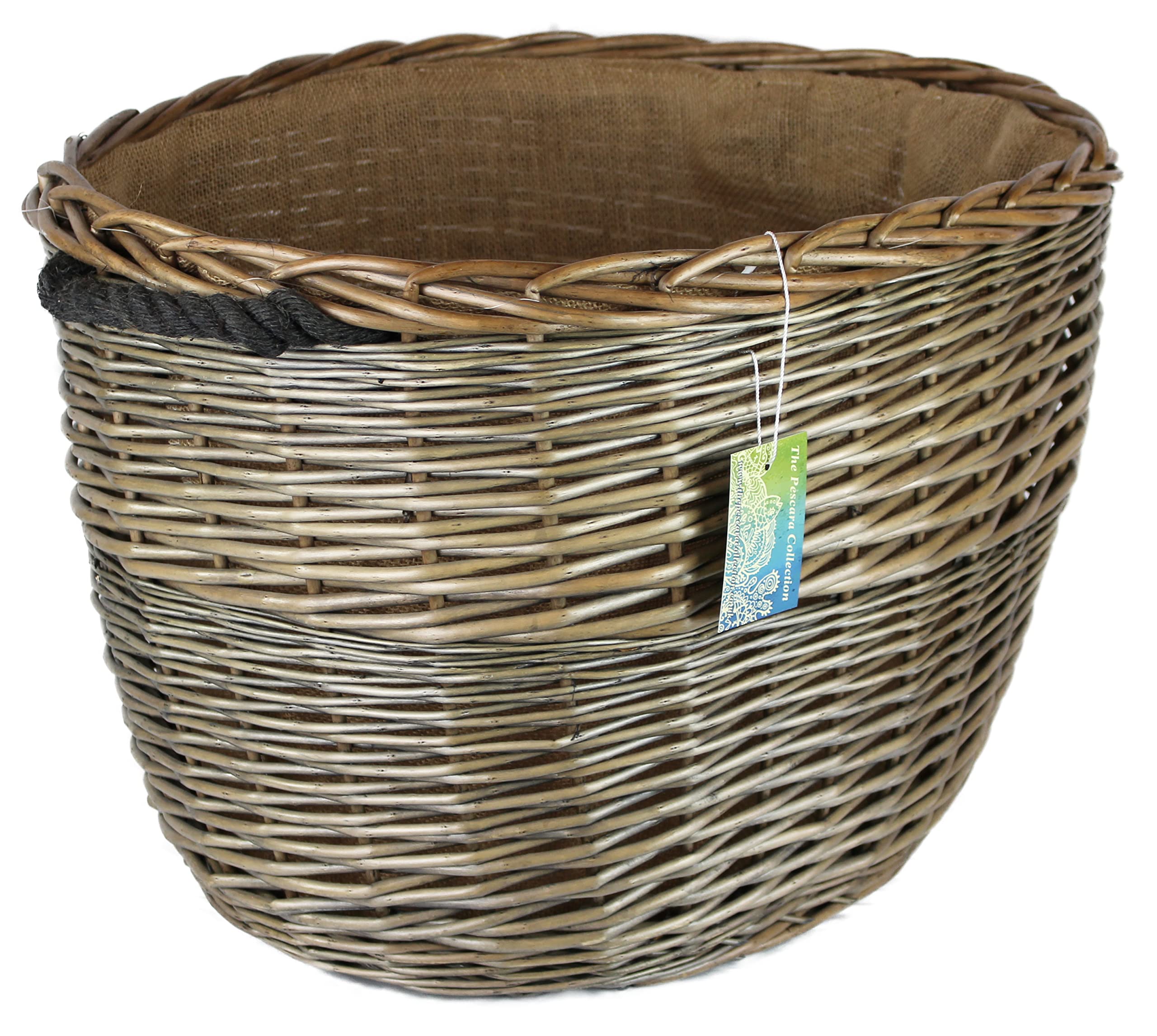 The Pescara Collection Rope Handle Oval Grey & Antiqued Wicker Log Baskets. Hessian Lined. Wood & Kindling Storage For Home Hearths And Fireplace. Large Wood Burner Bin (, 60 Cm)