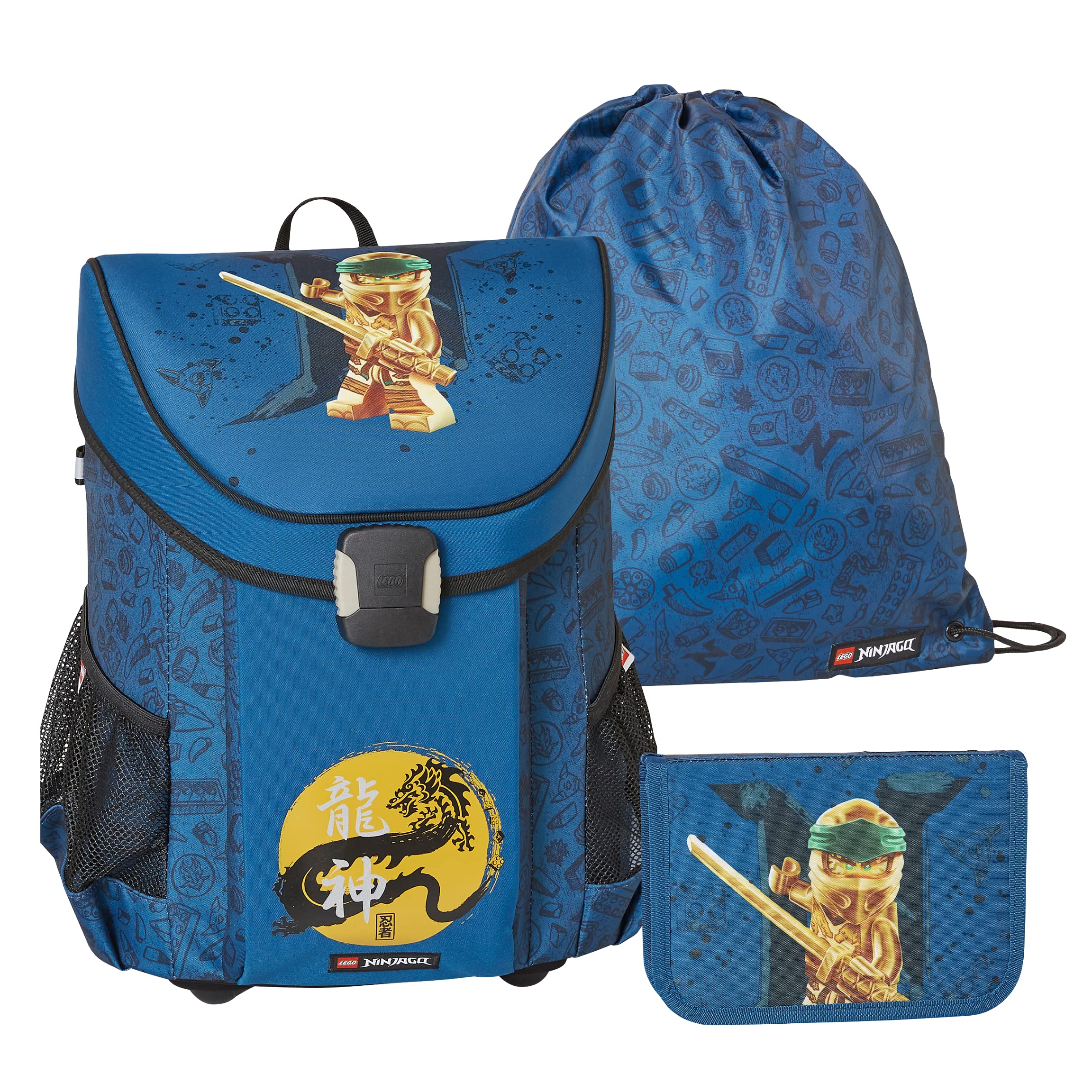 SKANDO BAGS LEGO® - Jungen Easy Schulranzenset 3tlg. - NINJAGO, Gold/Blue - Mit Turnbeutel, Federmäppchen (inkl. Aller nötigen Schreibutensilien) - Leichtgewicht - 5-10 Jahre