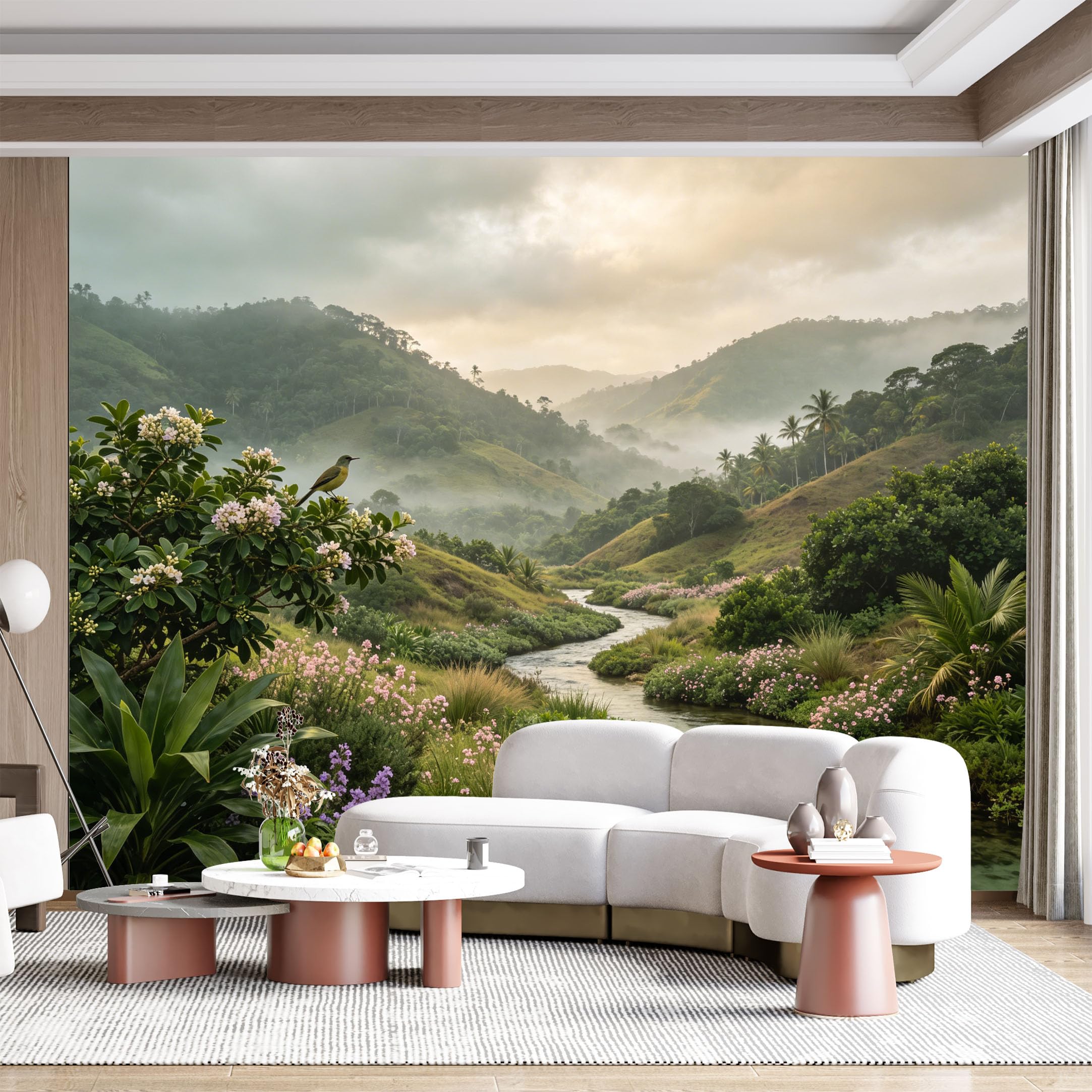 Custom Size Wall Mural Misty Mountain Tropical River Lush Botanical Watercolor Landscape SelfAdhesive Wall Fabric Removable for Home Office Decor