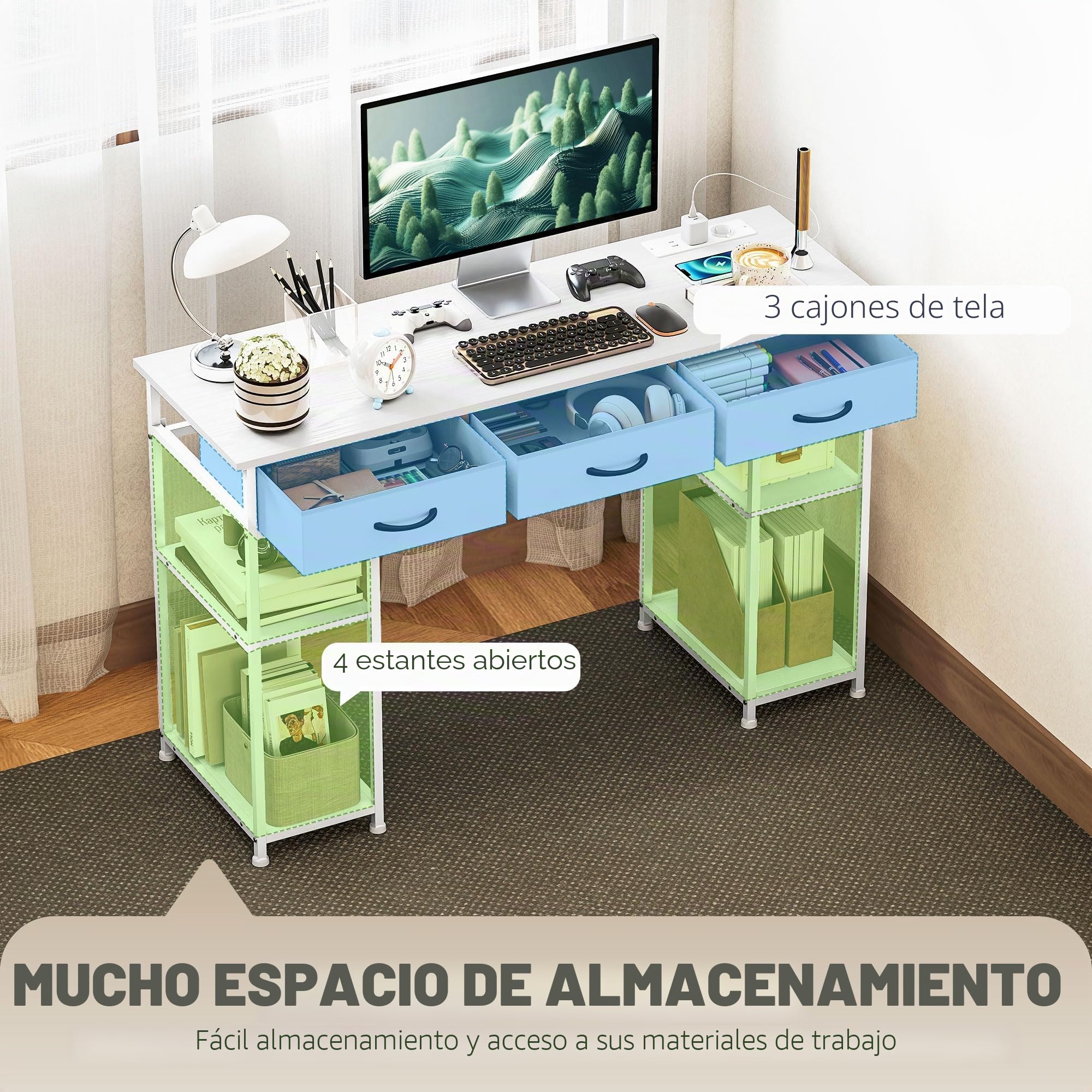 HOMCOM Escritorio con Puertos de Carga USB y USB-C Blanco 120x40x76 cm