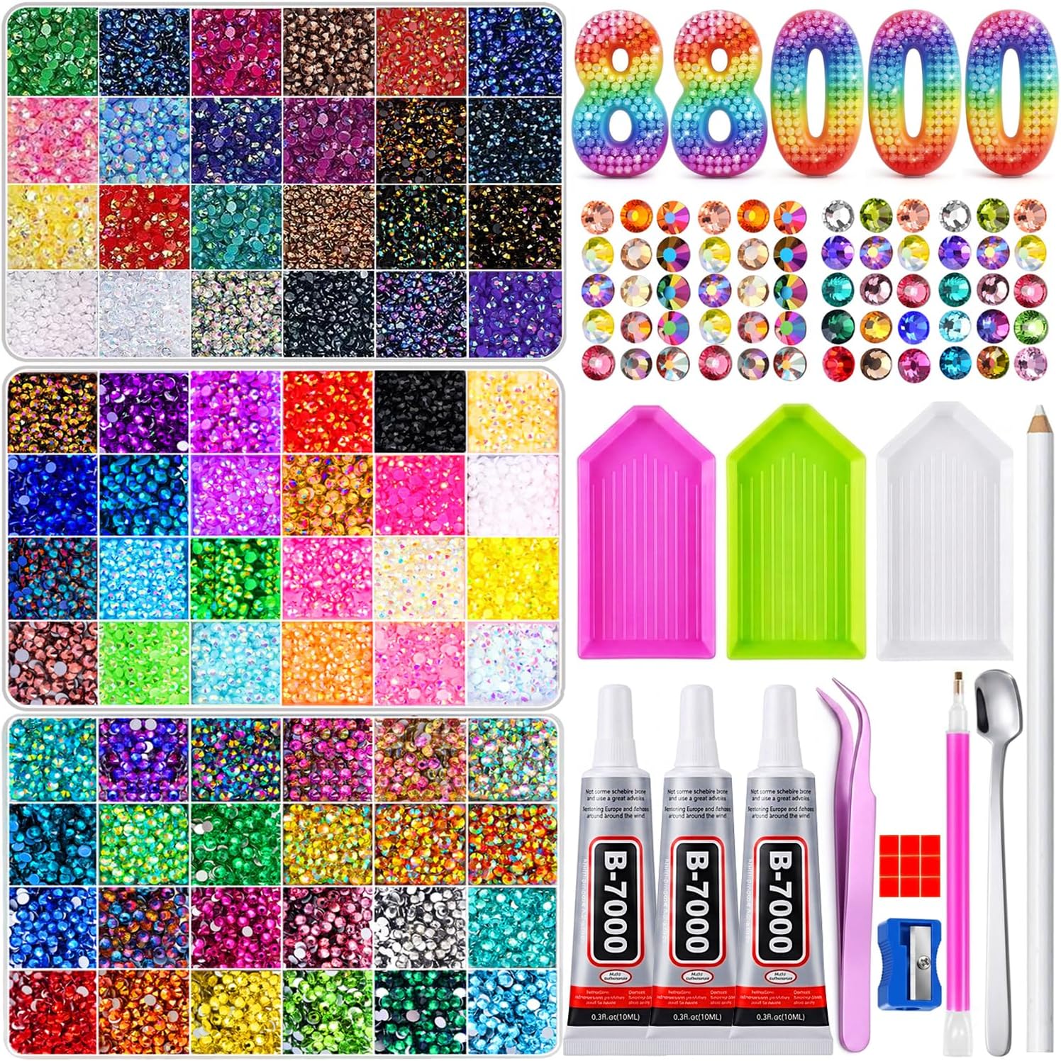 88000Pcs Bedazzling Kit with Rhinestones, 72 Colors 3mm Bedazzler Kit Resin Rhinestones Nail Gems & Glitter Gem Art Supplies, Diamond Art Kits Accessories with Pickup Pen, 3pcs 10ml B7000 Glue