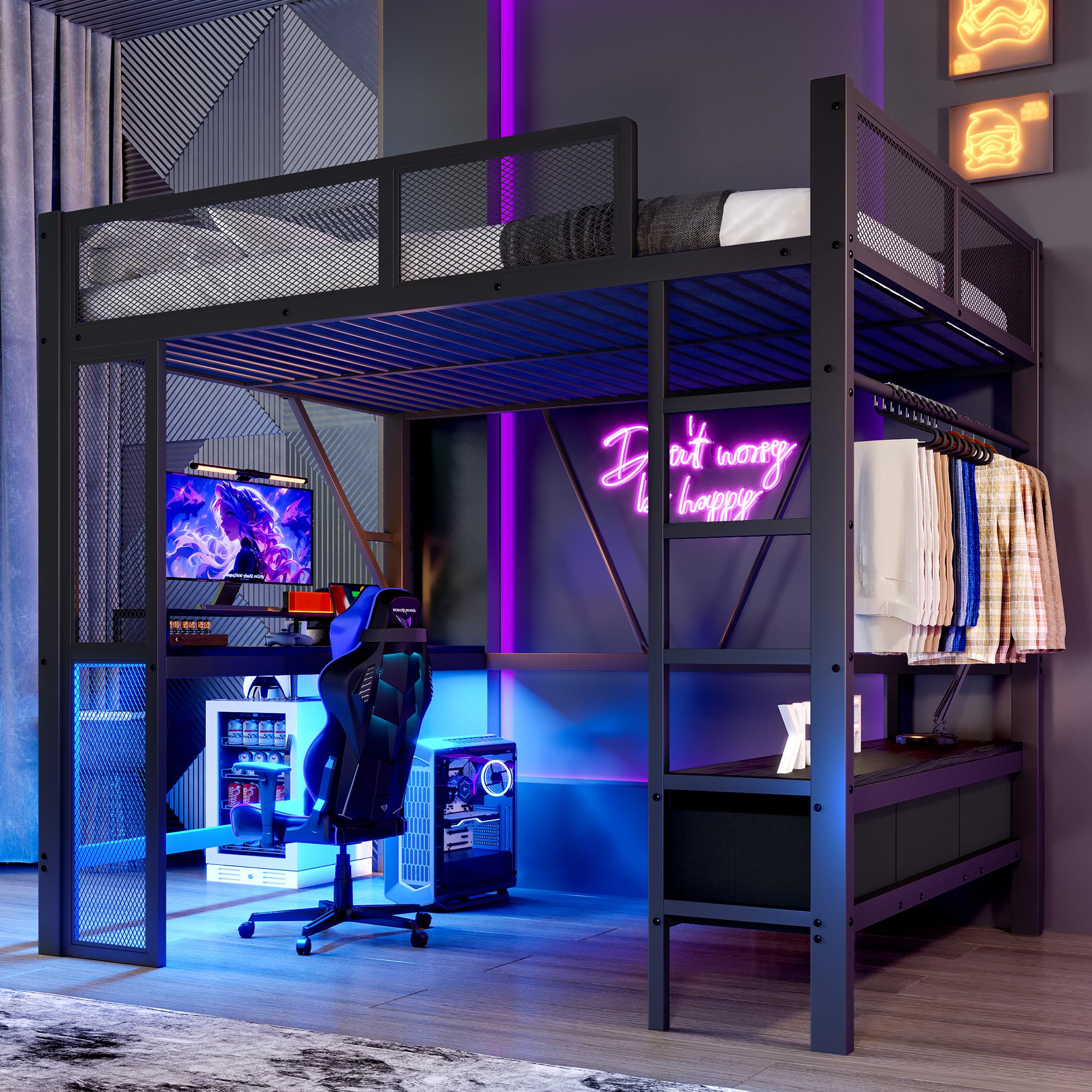 Lit Mezzanine 140x200 cm avec Port USB et Eclairage LED, Lit Bureau avec Armoire Ouverte et 3 Tiroirs à Linge, Lit Hauteur Enfant avec Bureau en Métal, Gain de Place (Noir)