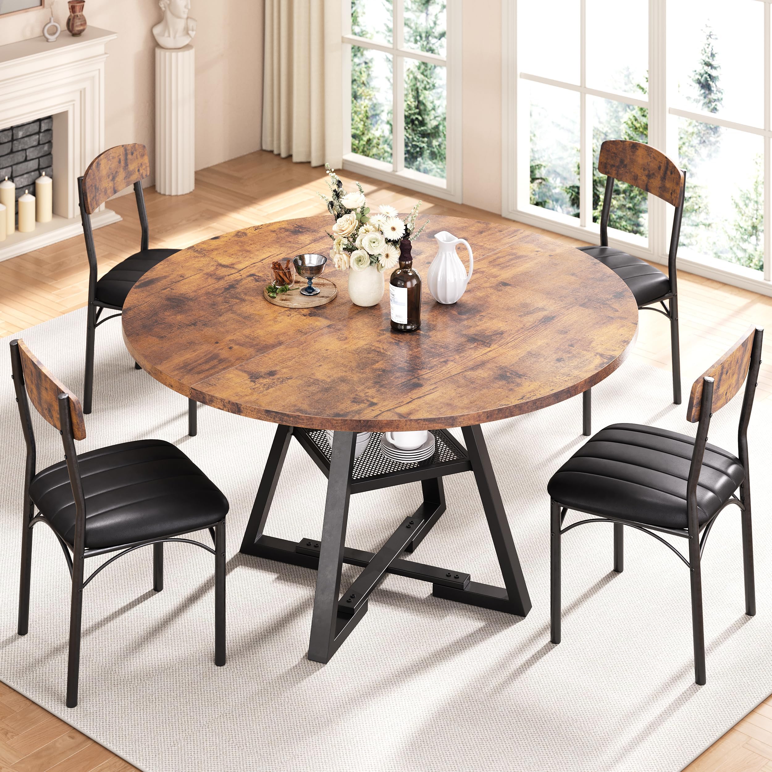 Dining Table Set for 4,Kitchen Table and Chairs for 4, Round Dining Room Table with Upholstered Chairs, 5 Piece Space Saving Circle Wood Kitchen & Dining Room Dinner Dinette Table Set (Vintage, 42In)