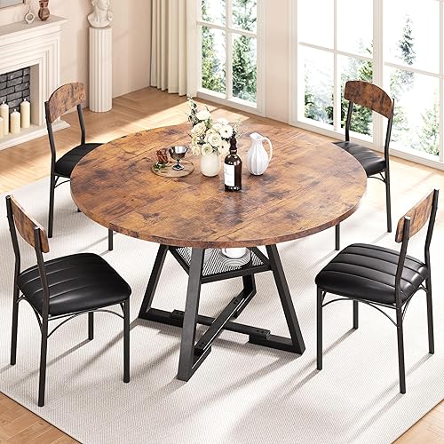 Juego de mesa de comedor redonda para 6, mesa de cocina y sillas para 4, mesa circular con pedestal redonda, juego de mesa de comedor, 5 piezas de