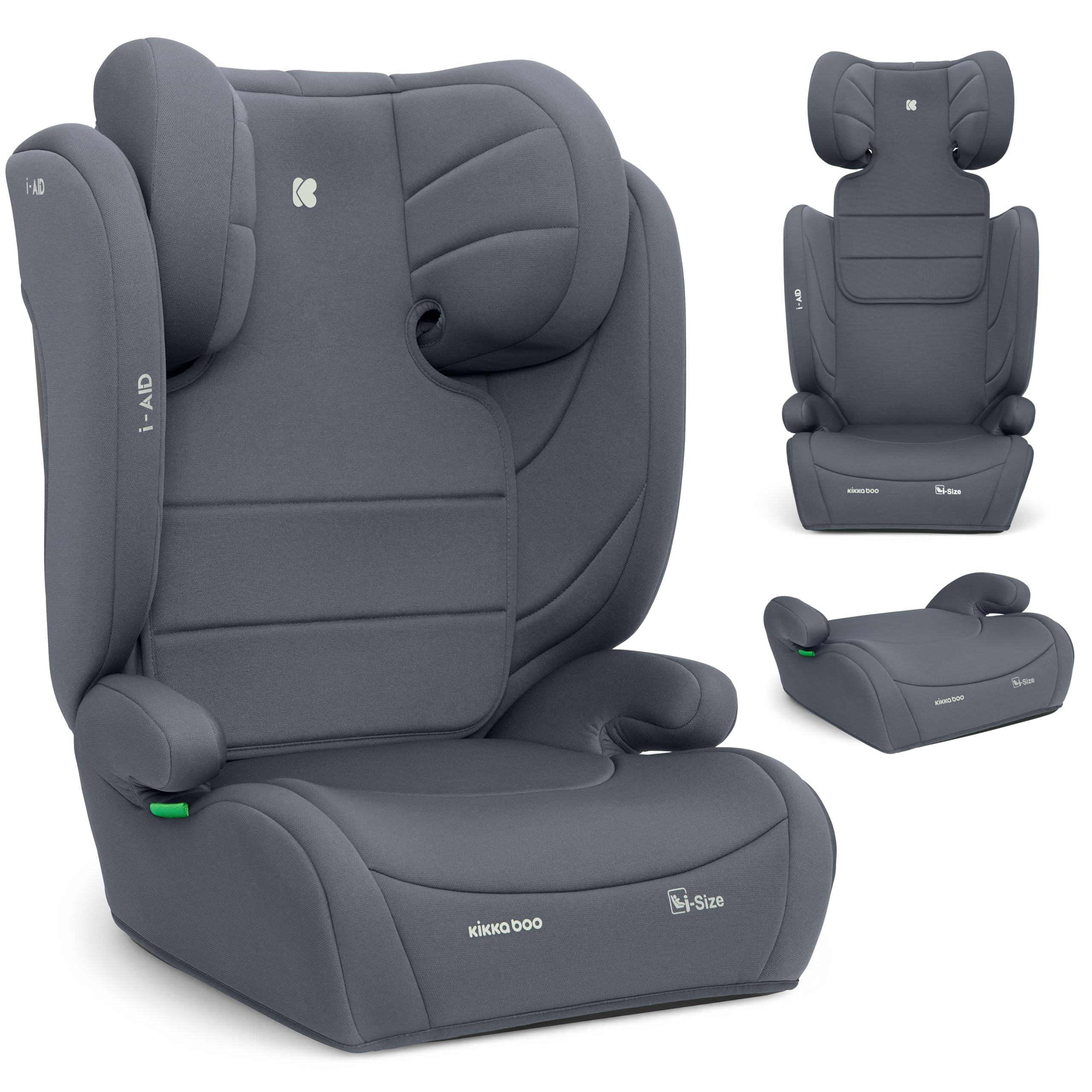 KikkaBoo Fotelik Samochodowy i-AID i-Size 100–150 cm, Grupa 2/3 ISOFIX, dla Dzieci 3,5–12 Lat (15–36 kg), Regulowany Zagłówek w 13 Pozycjach, Szary