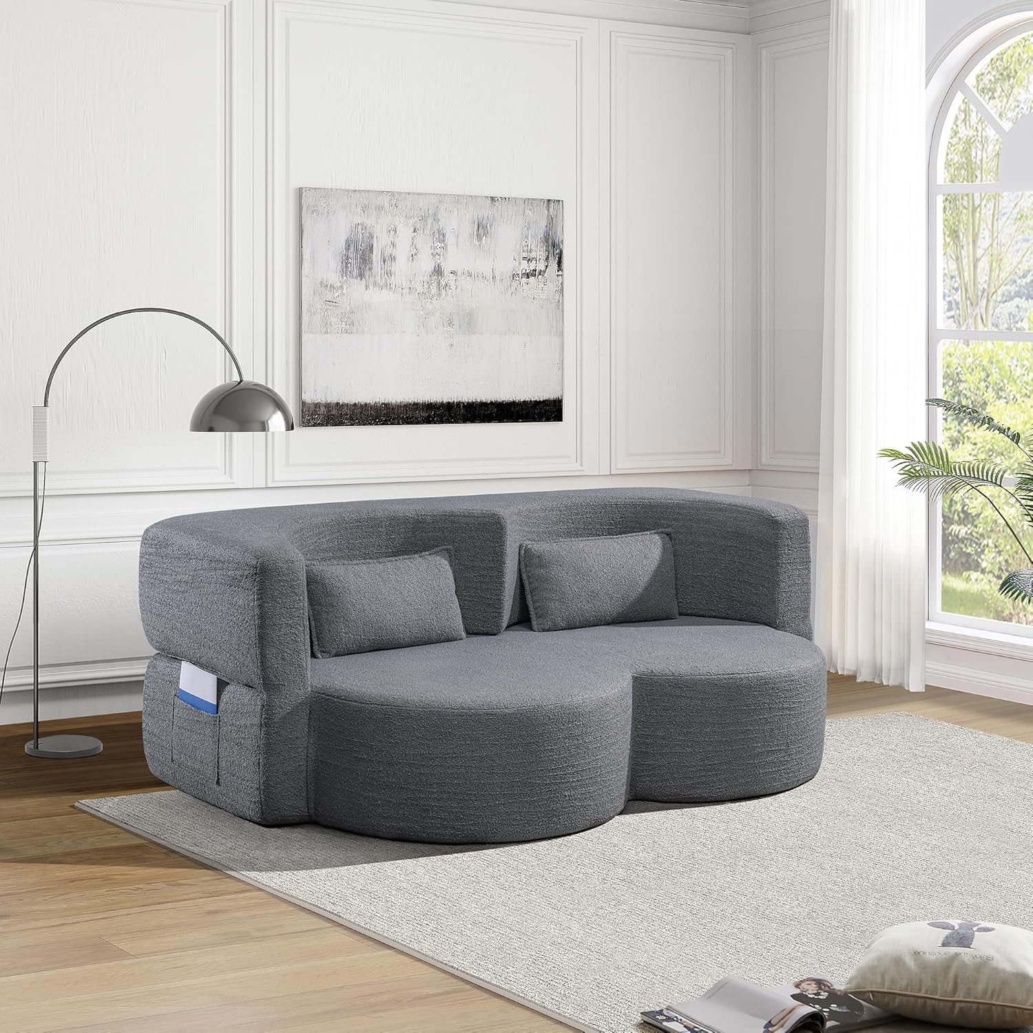 Convertible Folding Sofa Bed,79”Full Size Floor Sleeper Boneless Couch,Teddy Velvet Full Foam Futon Loveseat for Living Room Bedroom,No Assembly Required (Grey)