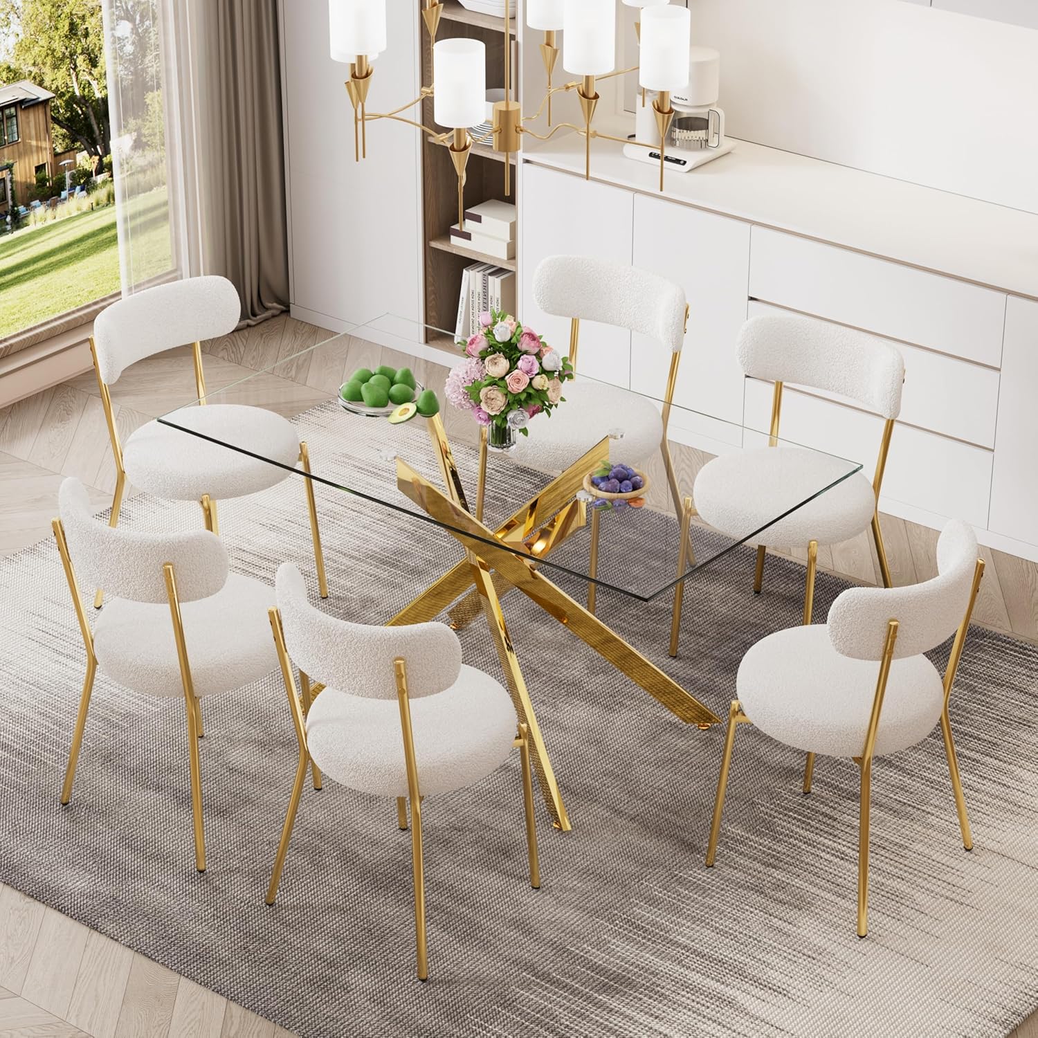 51" Glass Dining Table for 4-6, Contemporary Rectangular Dining Room Table with Tempered Glass Top & Gold Finish Metal Legs, Modern Elegant Dining Table for Home Kitchen