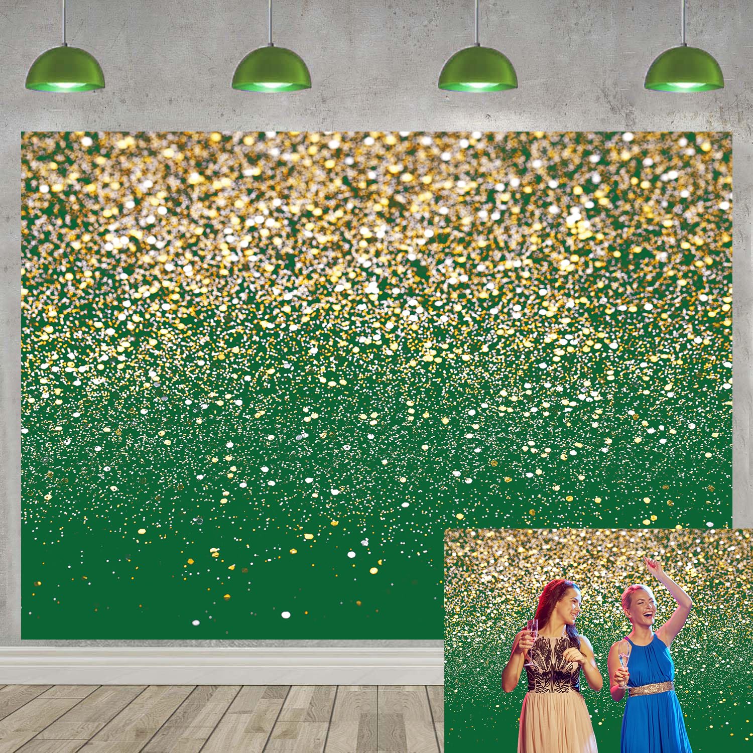 Green and Gold Glitter Backdrop 8x6ft Gold Spots Bokeh Photography Background for Kids Adult Birthday Wedding Prom Graduation Party Decorations Banner