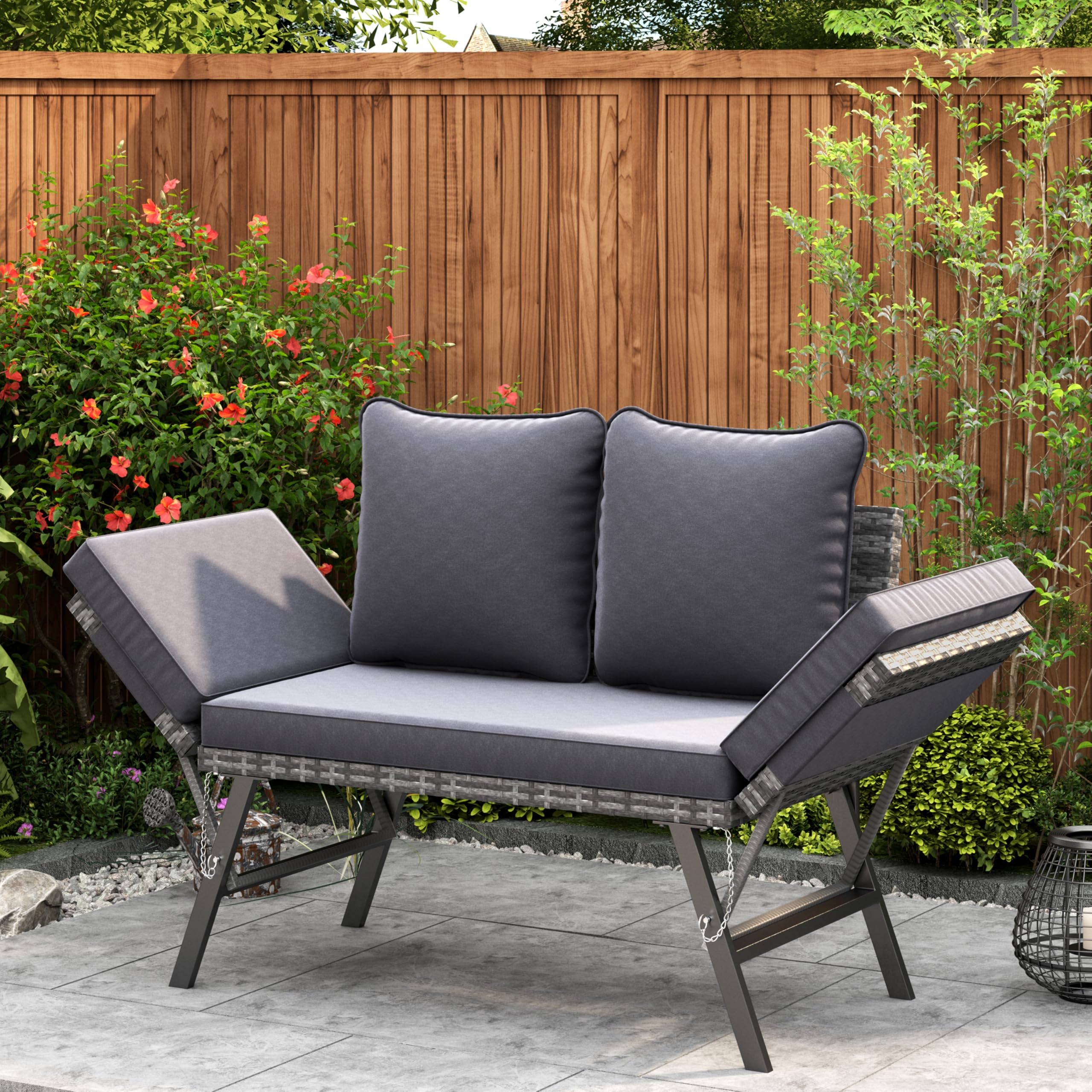 Amopatio Gartenbank Polyrattan mit Liegefunktion – 2-Sitzer Gartensofa mit verstellbaren Armlehnen, wetterfestes Outdoor Sofa für Garten, Balkon & Terrasse, Grau