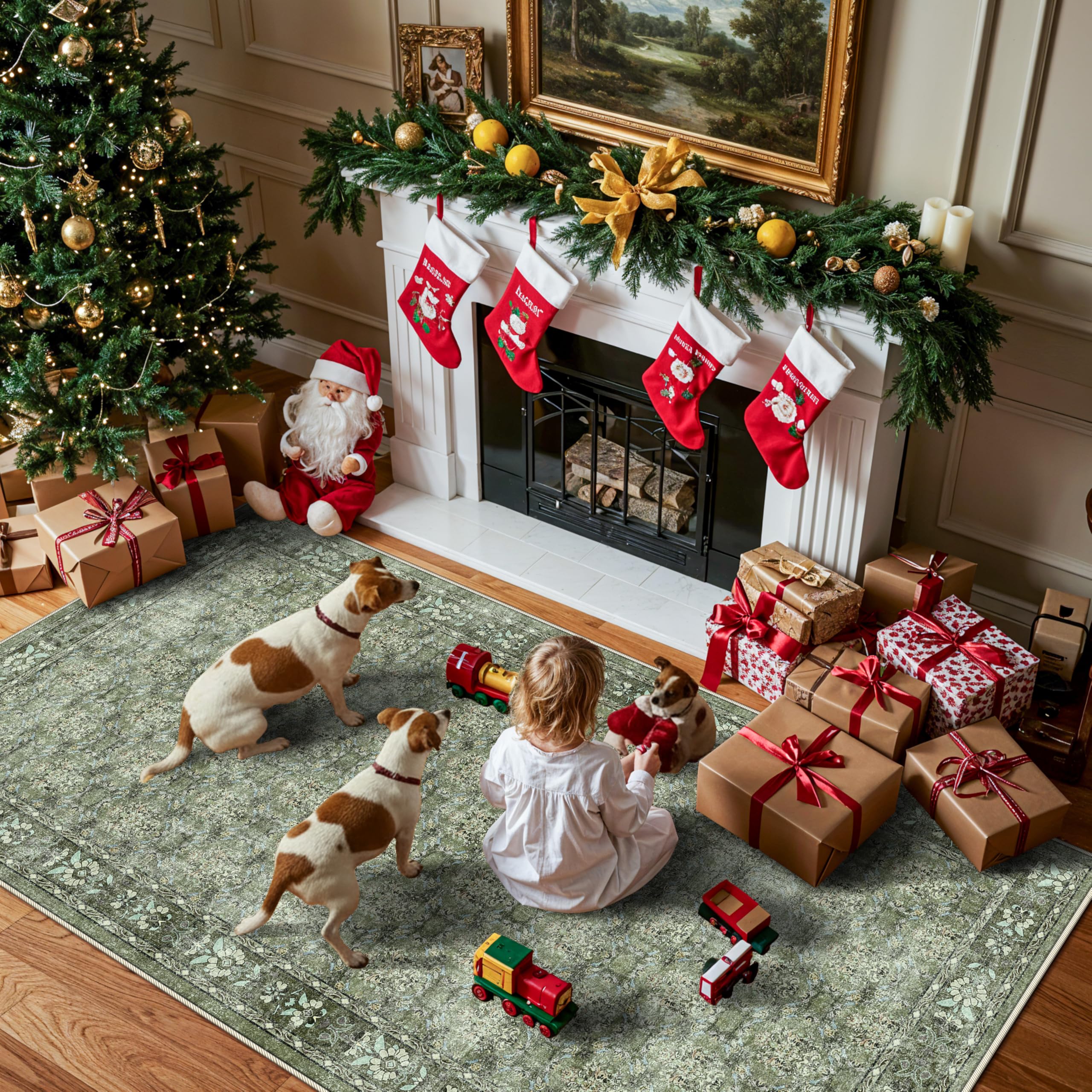 Washable 4x8 Hallway Runner Rug: Vintage Soft Carpet for Living Room Entryway Non-Slip Water Resistant Thin Kitchen Floor Mat Wide Ultra Soft Area Rug for Bedroom Bathroom Dining Room(Green,4x8)