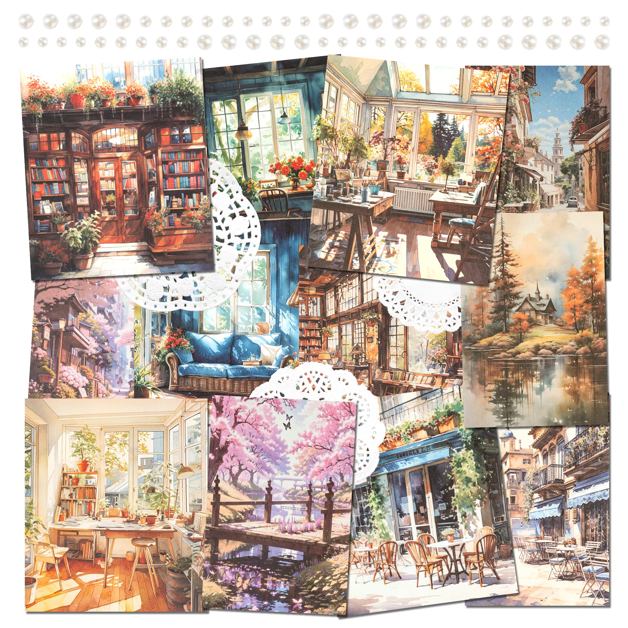 Papel Decorativo Para Scrapbooking Con Paisajes En Acuarela: Kit Con 60 Hojas, Tapetes De Encaje Y Pegatinas Para Diarios Y Manualidades