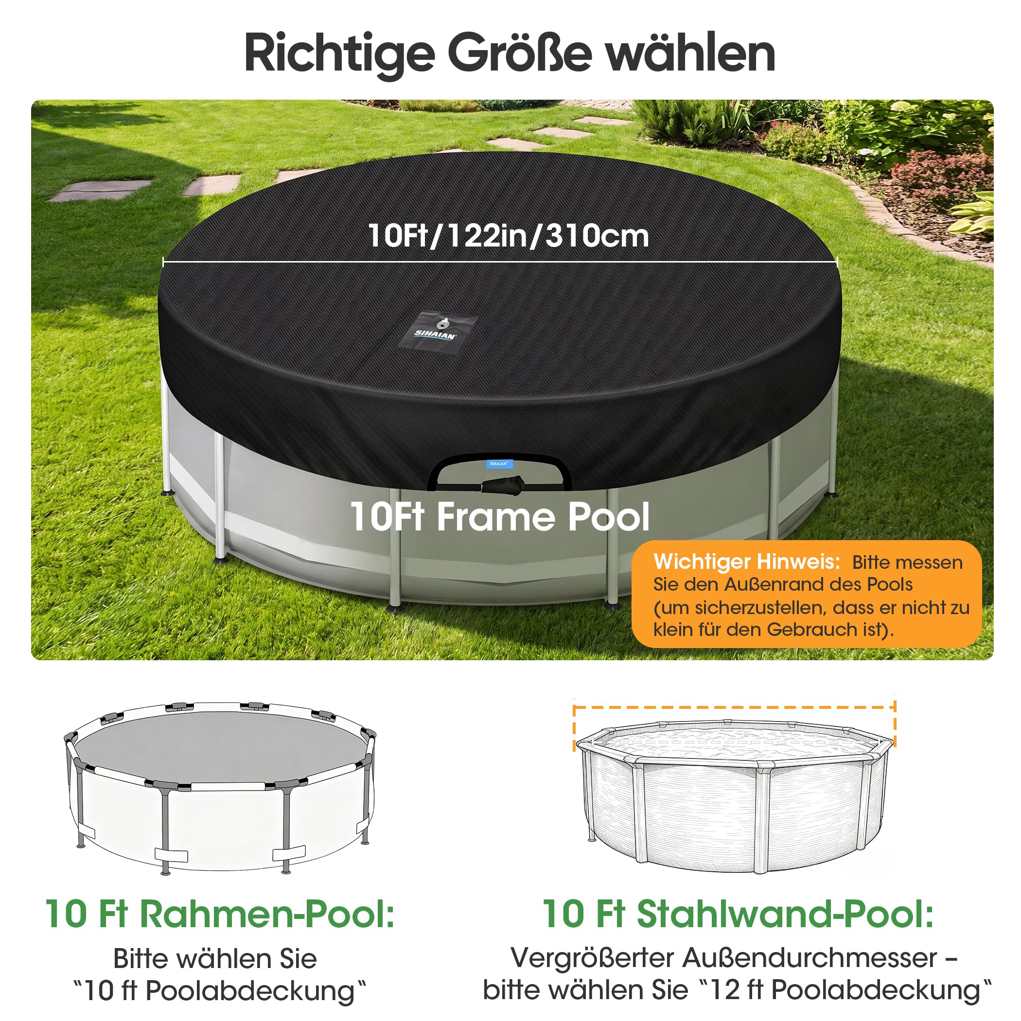 SIHAIAN Rundpoolabdeckung 305cm, Solar Poolabdeckung mit automatischem Abfluss für Aufstellpools, UV-Beständig, patentiertes einteiliges Spannsystem, verhindert Wasseransammlungen
