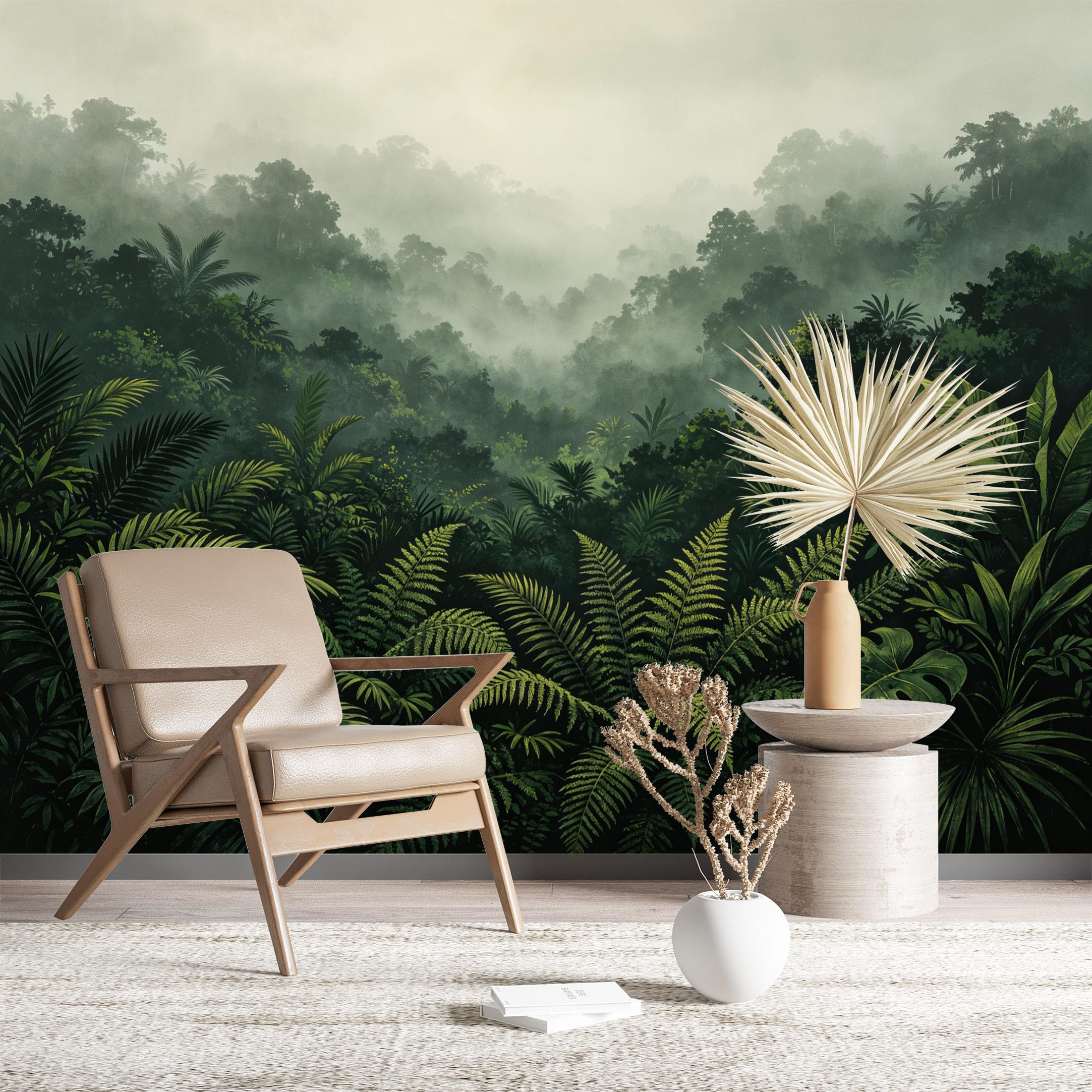Custom Size Wall Murals Misty Rainforest with Lush Green Plants Wall Stickers Self-Adhesive Wall Fabric (NO PVC) Removable Wallpaper for Living Room Home Decor