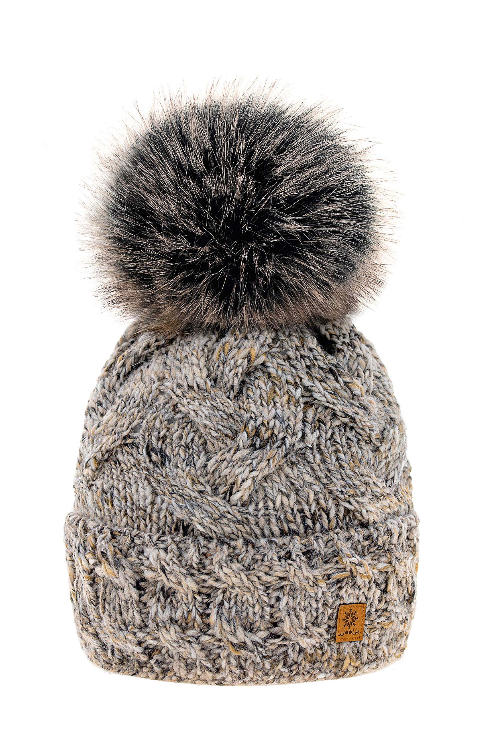 Mfaz Morefaz Ltd Women's Gaja Beige Winter Hat Alpaca Wool Beanie Hat Worm Knitted Hats Fleece Lining Pom Pom (Gaja Beige)