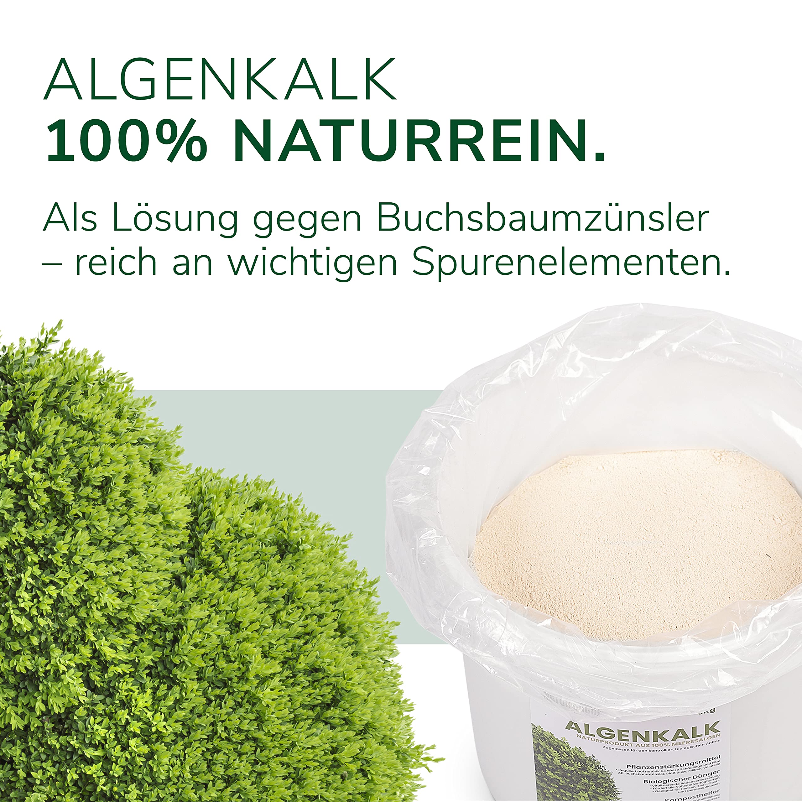 Natursache biologischer Algenkalk aus 100% Rotalge, 5kg I Reguliert Schädlinge auf natürliche Weise I Natur-Dünger für Buchsbäume & andere Pflanzen I Anleitung per E-Book