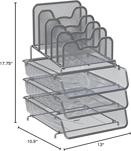 Miniatura 4 de SimpleHouseware - Paquete de 3 bandejas apilables para documentos de escritorio con 5 compartimentos, color plateado