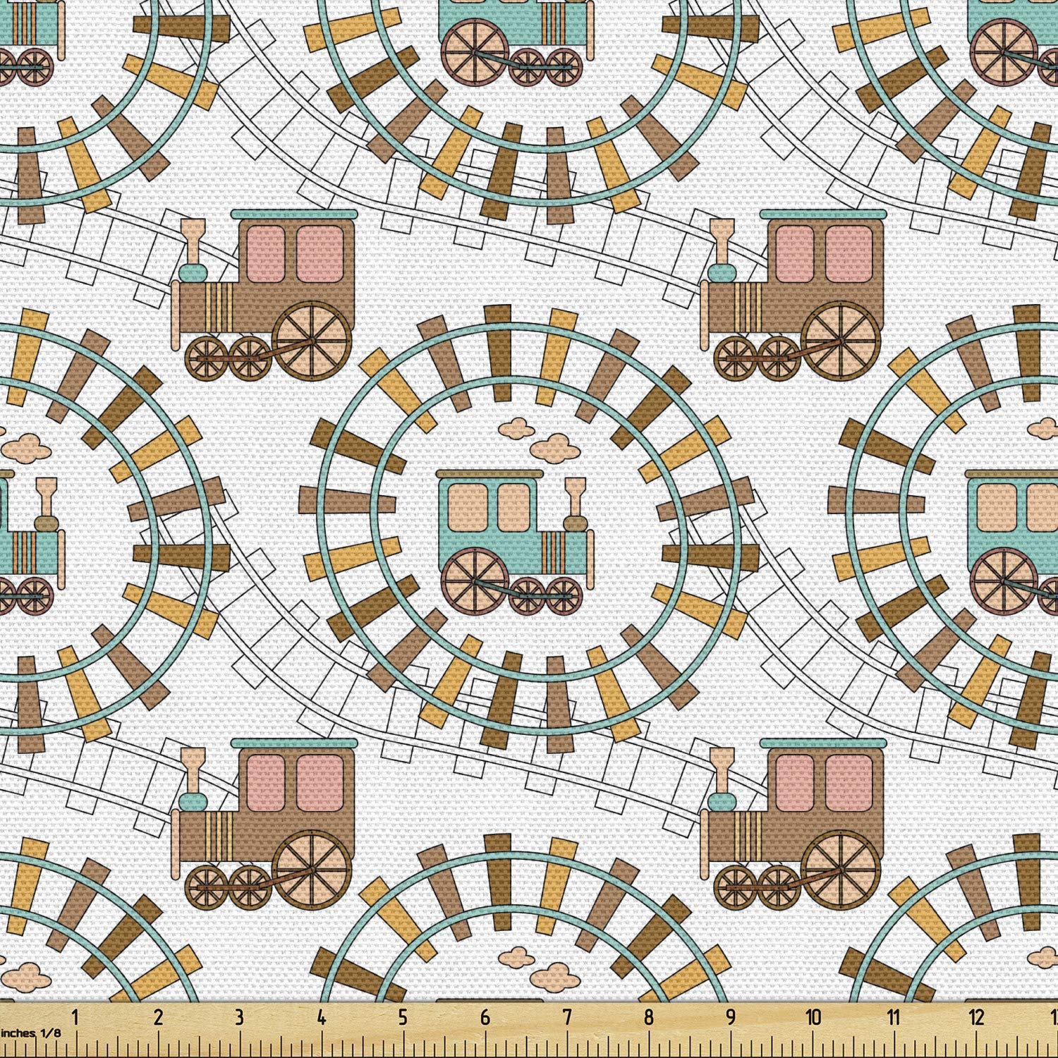Ambesonne Trains Fabric by The Yard, Pastel Retro Vehicle on Railroad Cartoon Locomotive Traveling Themed Print, Decorative Fabric for Upholstery and Home Accents, 1 Yard, White and Multicolor