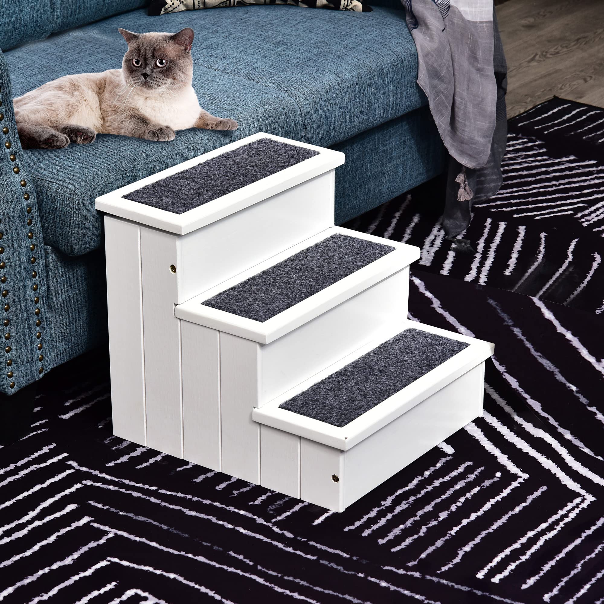 PawHut Scaletta per Cani 3 Gradini con Tappetino Antiscivolo e Spazio Interno per Riporre, 40.5x44.5x38cm, Grigio