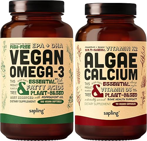 Vegano Omega 3 180 cápsulas blandas y algas paquete de calcio – Ácidos grasos DHA y EPA a base de plantas, suplemento de calcio de algas rojas con