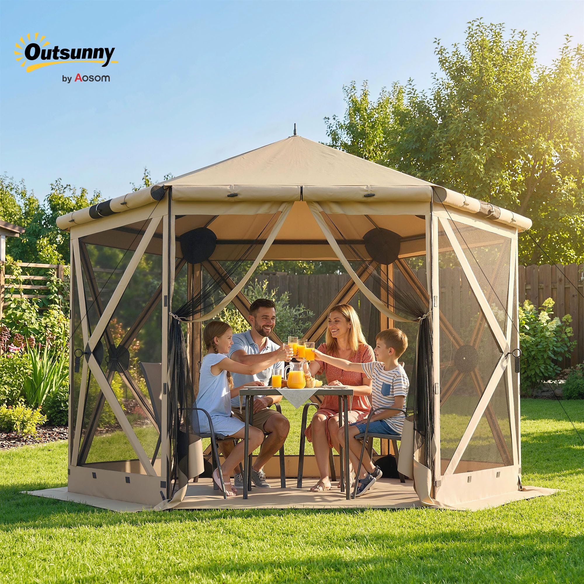 Outsunny 3mx2.6m Gazebo Esagonale con Tappeto impermeabile Cachi