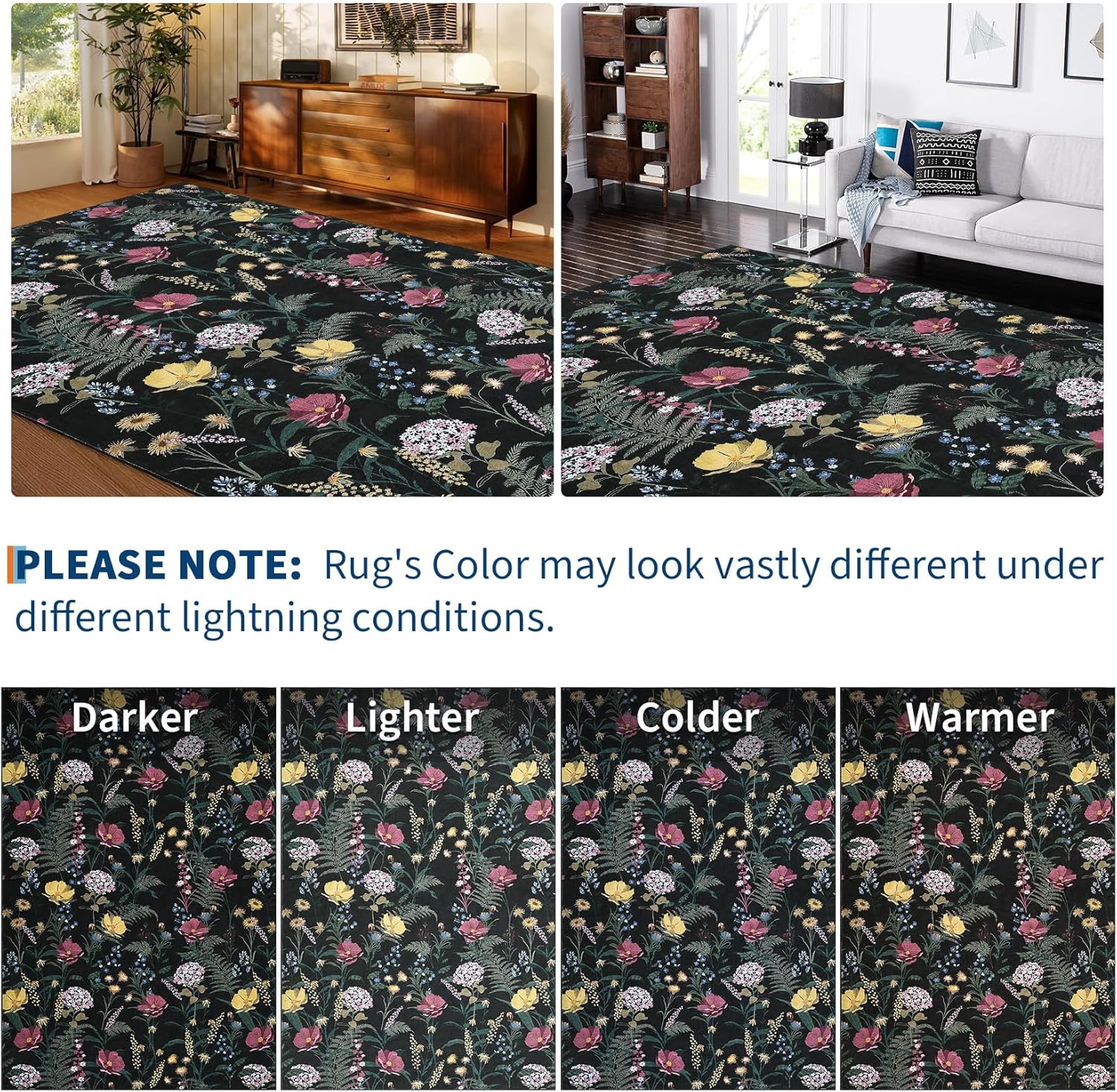 GarveeHome Washable Area Rugs 8x10 Rug for Living Room Modern Area Rug for Bedroom Contemporary Floral Non Slip Large Rug Low Pile Stain Resistant Carpet for Classroom Dining Room 8 ft x10 ft Black