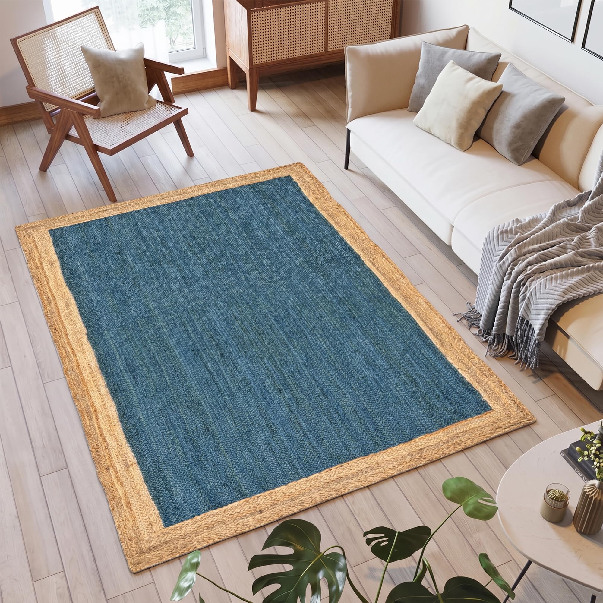 Tapis en jute naturelle tressé main : l'élégance rustique de 15x23 cm avec bordure bleu ciel