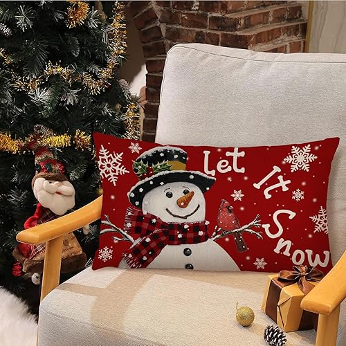 Miniatura 2 de Fundas de almohada rojas de Navidad de 12 x 20 pulgadas, funda de almohada lumbar con diseño de muñeco de nieve y muñeco de nieve, funda de almohada