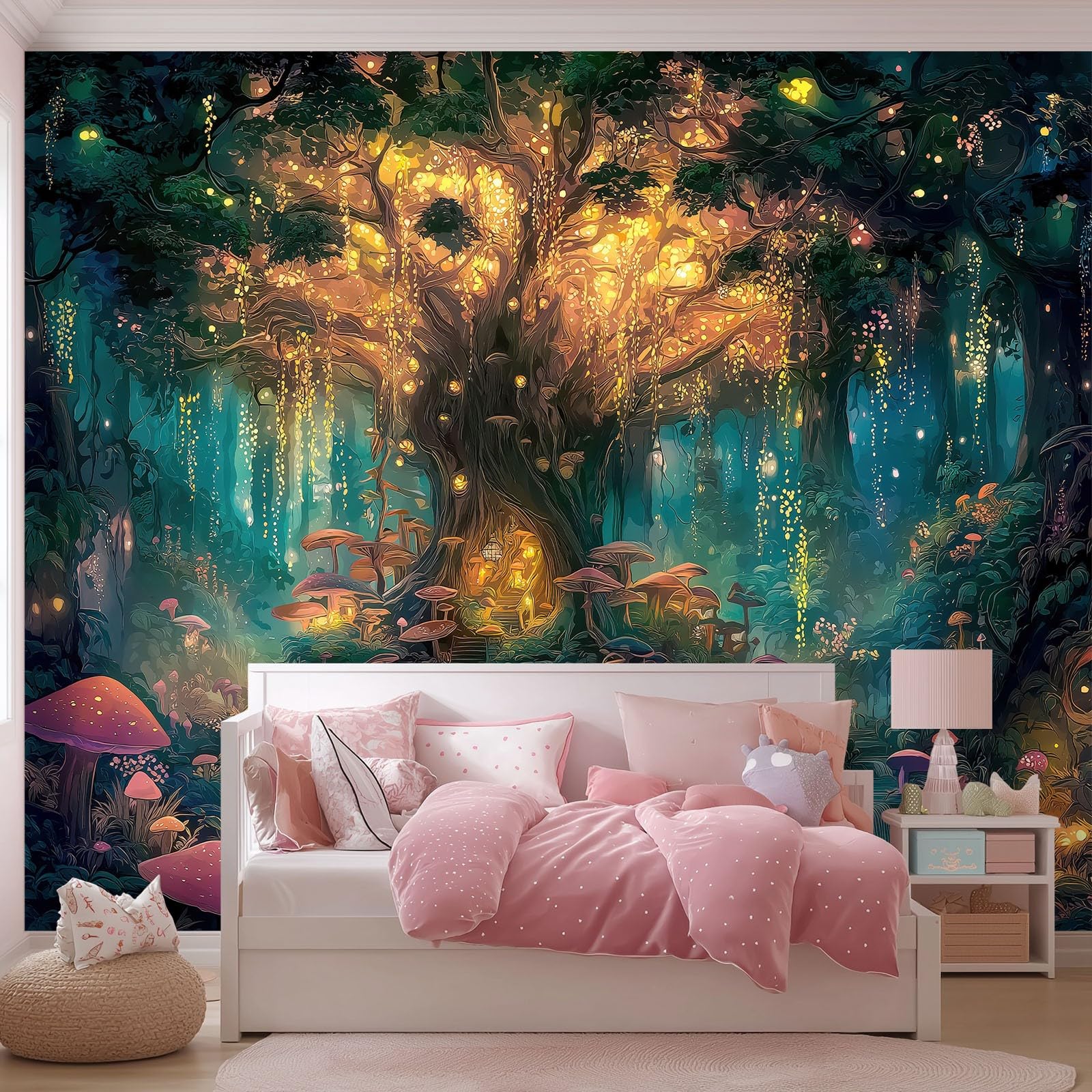Fantasía Papel Pintado Panorámico - Bosque Encantado Plantas Mural Fotográfico Artístico 350 x 256 cm, Azul Oscuro Papel Pintado No Tejido Decoración De Pared Sala Oficina Salón Dormitorio