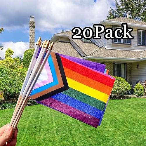 Miniatura 6 de Progress Rainbow - Juego de banderas de orgullo gay en palo de madera, pequeñas banderas de mano LGBTQ Inlcusivas, 5 x 8 pulgadas, paquete de 20