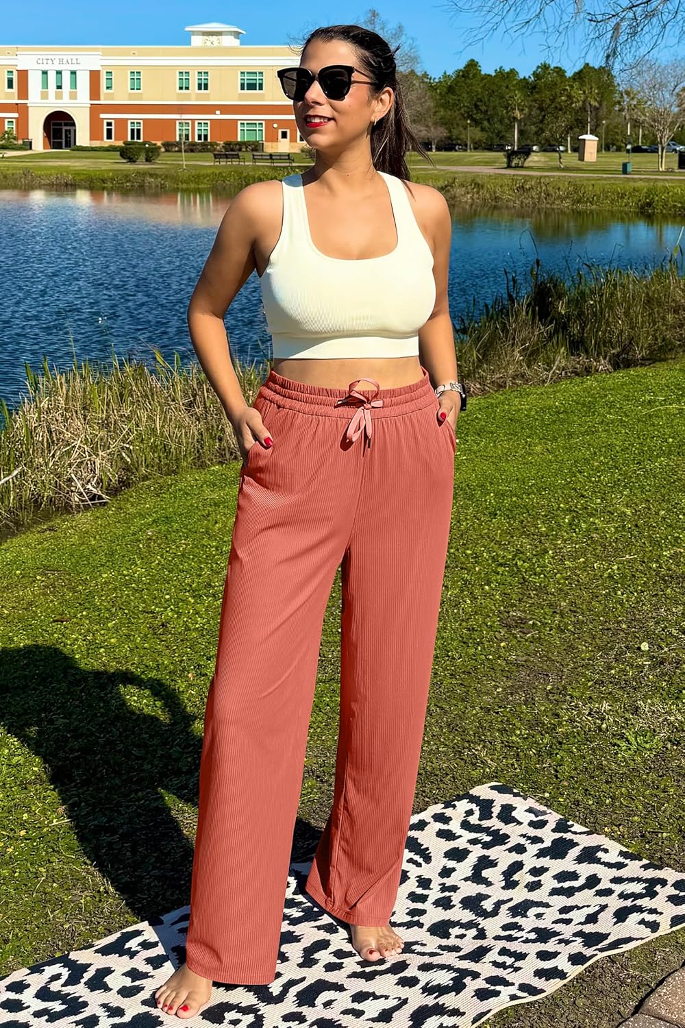 G4Free Ribbed Wide Leg Yoga Pants for Women with Pockets Drawstring High Waist Casual Lounge Pants Petite/Regular/Tall - Image 2