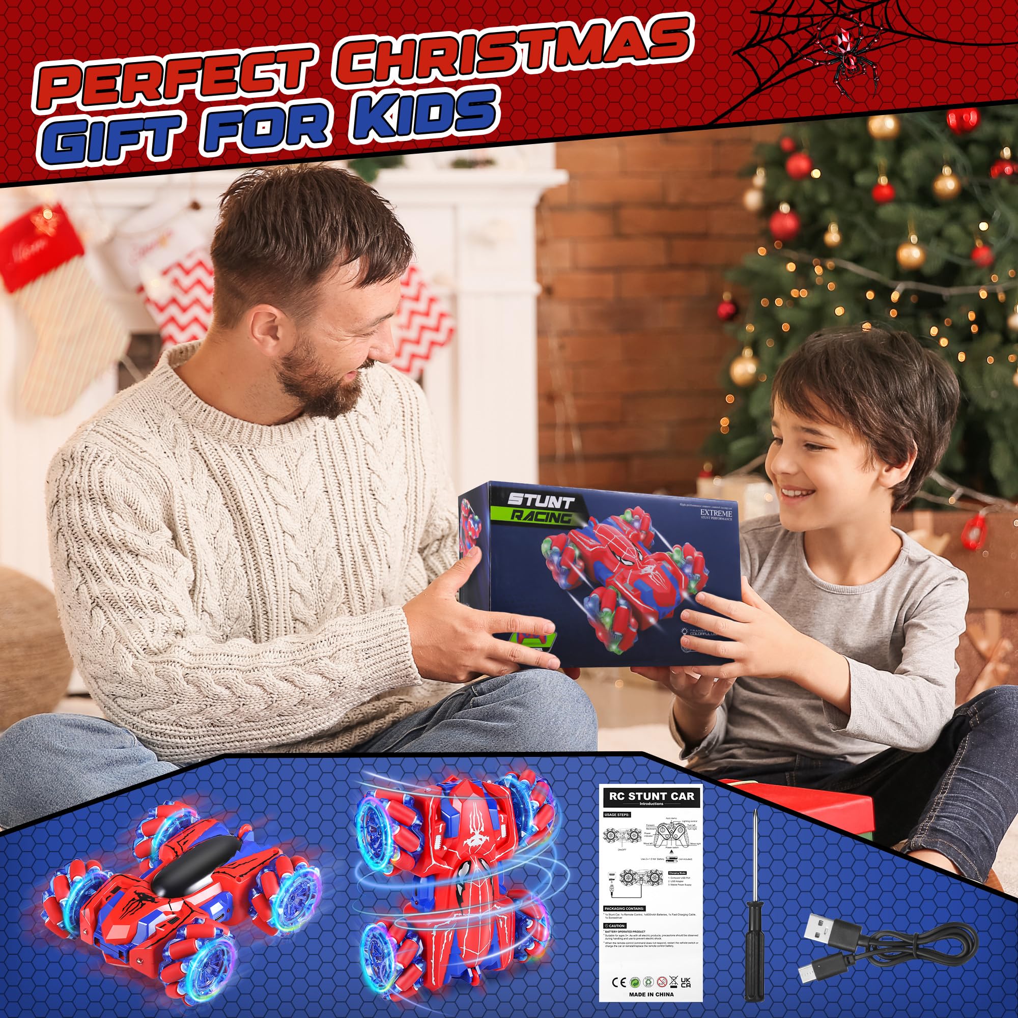 Kssvzz Spider Voiture Télécommandée Enfant 14km/h, 360°Rotation Jouet de Cascade RC avec Feux de Roue, 2.4GHz Voiture Radiocommandee 4 Roues Motrices, Jouet Cadeau pour Garçon Fille 3 4 5 6 7 8 9 Ans