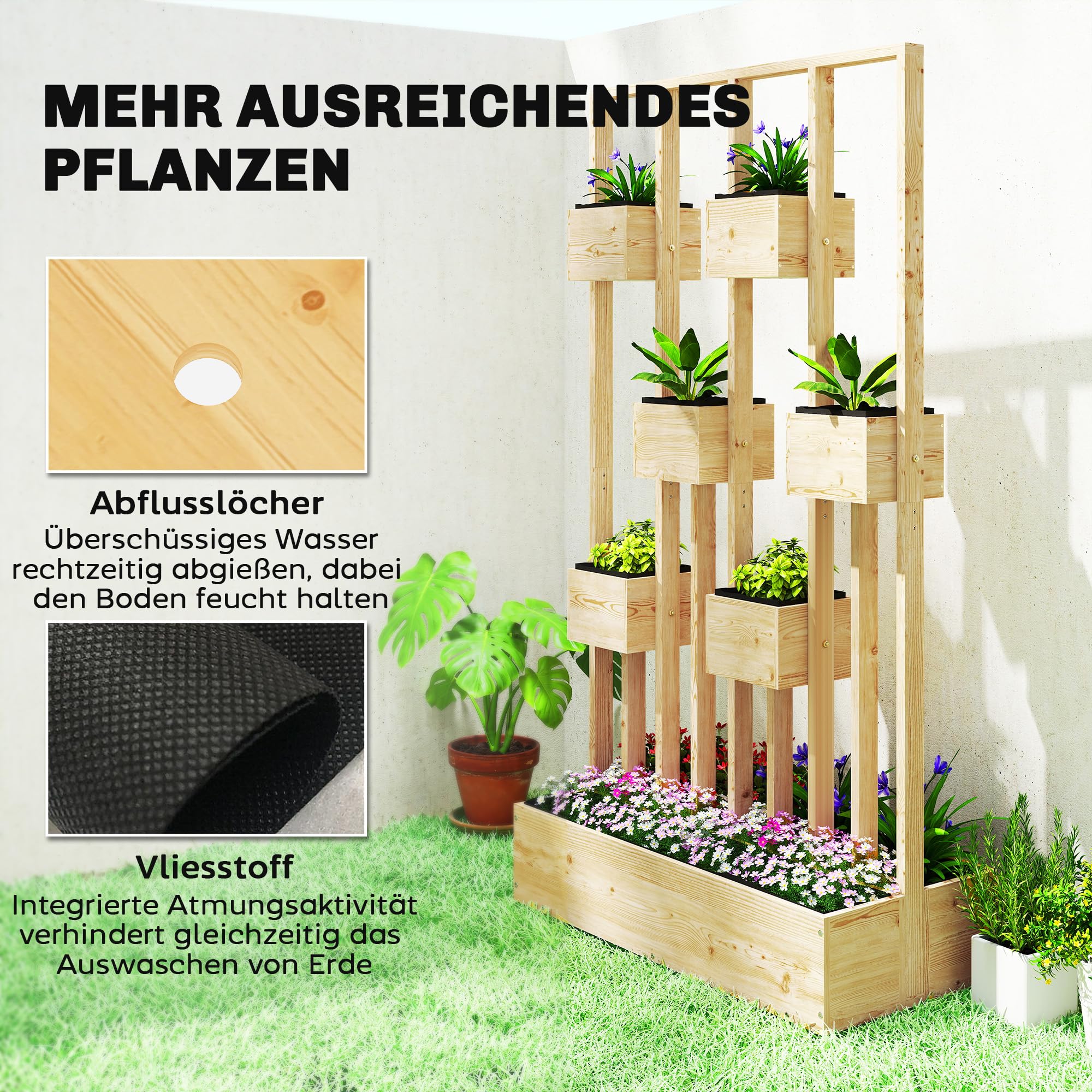 Outsunny Hochbeet mit Rankgitter Körbe Holz 90 x 45 x 170 cm Naturholz | Pflanzkübel, Pflanzkasten, Blumenkasten, für Garten Balkon Terrasse, Blumenkübel für Kletterpflanzen Korbpflanzen, Blumen