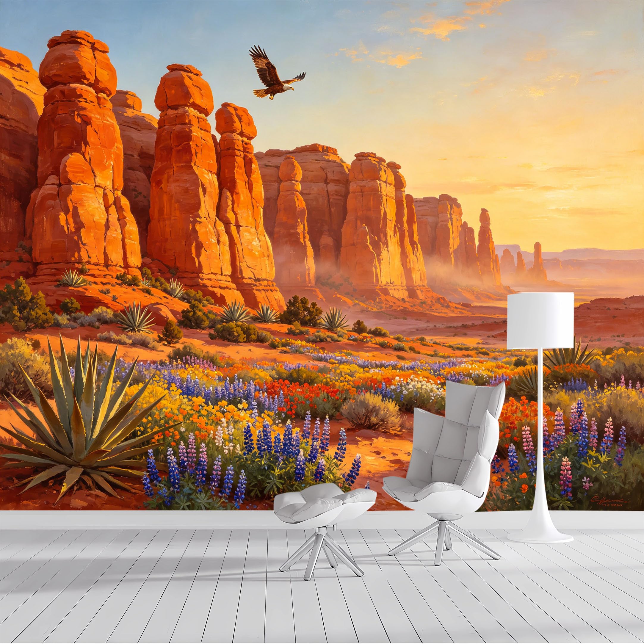 Custom Size Wall Mural Western Desert Landscape Eagle Sunset Oil Painting SelfAdhesive Wall Fabric Removable Peel and Stick Wallpaper Wall Decor for Living Room Bedroom Bathroom