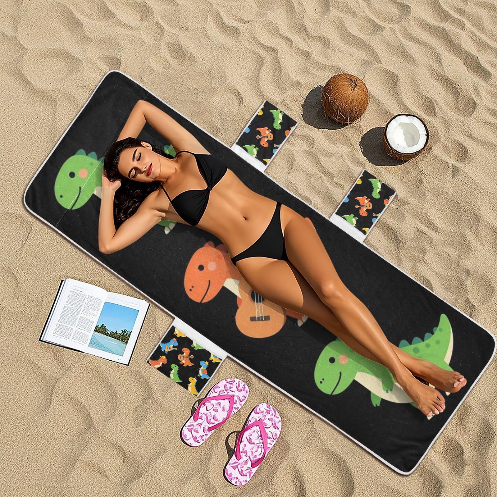 FRODOTGV Ręcznik na krzesło ogrodowe 215 cm x 76 cm | Antypoślizgowa górna kieszeń pojedyncze opakowanie można prać w pralce plaża dinozaur muzyka kowboj
