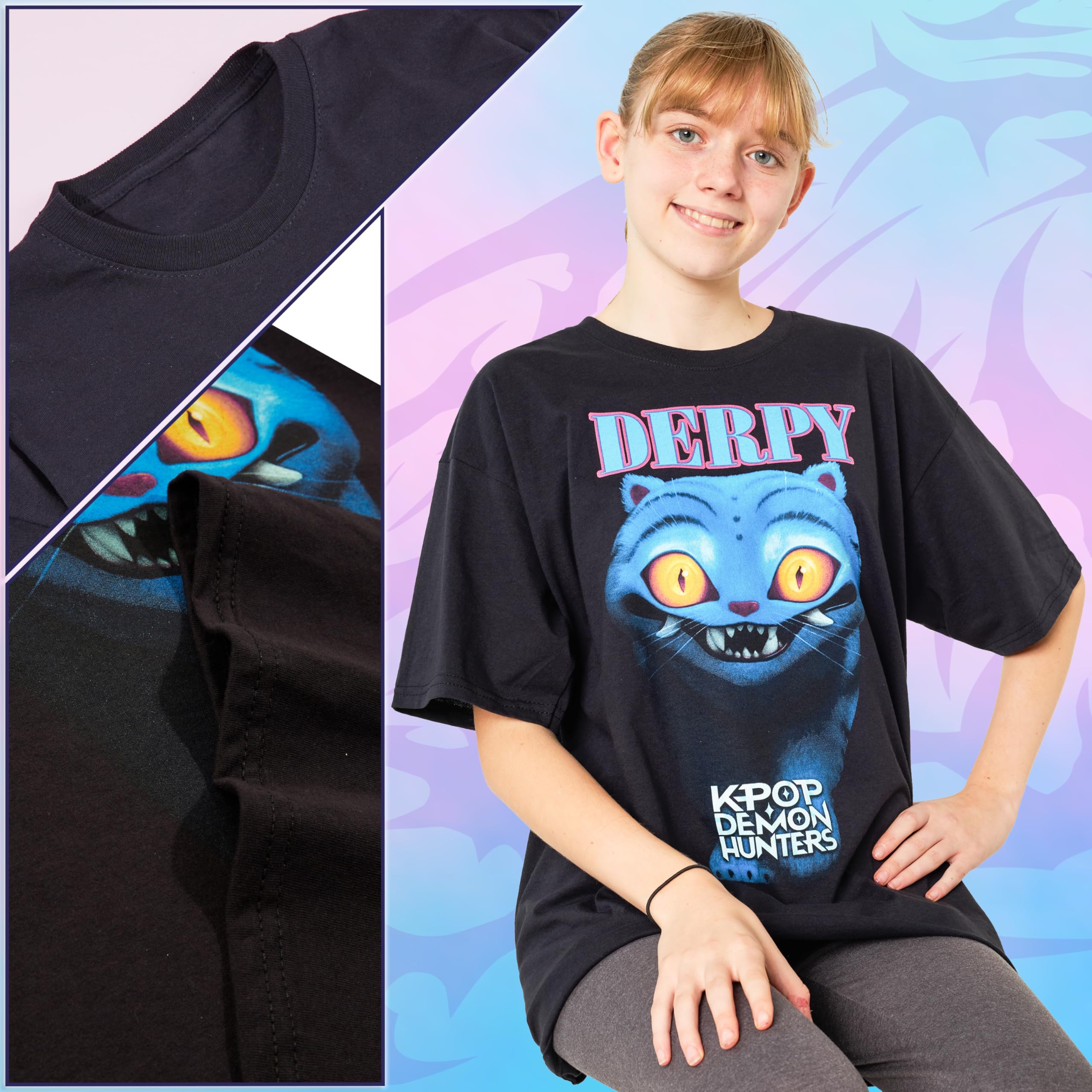 KPop Demon Hunters Oficial Camiseta Niña Manga Corta, Huntrix Saja Boys Derpy Tiger, Regalo Niña Chica