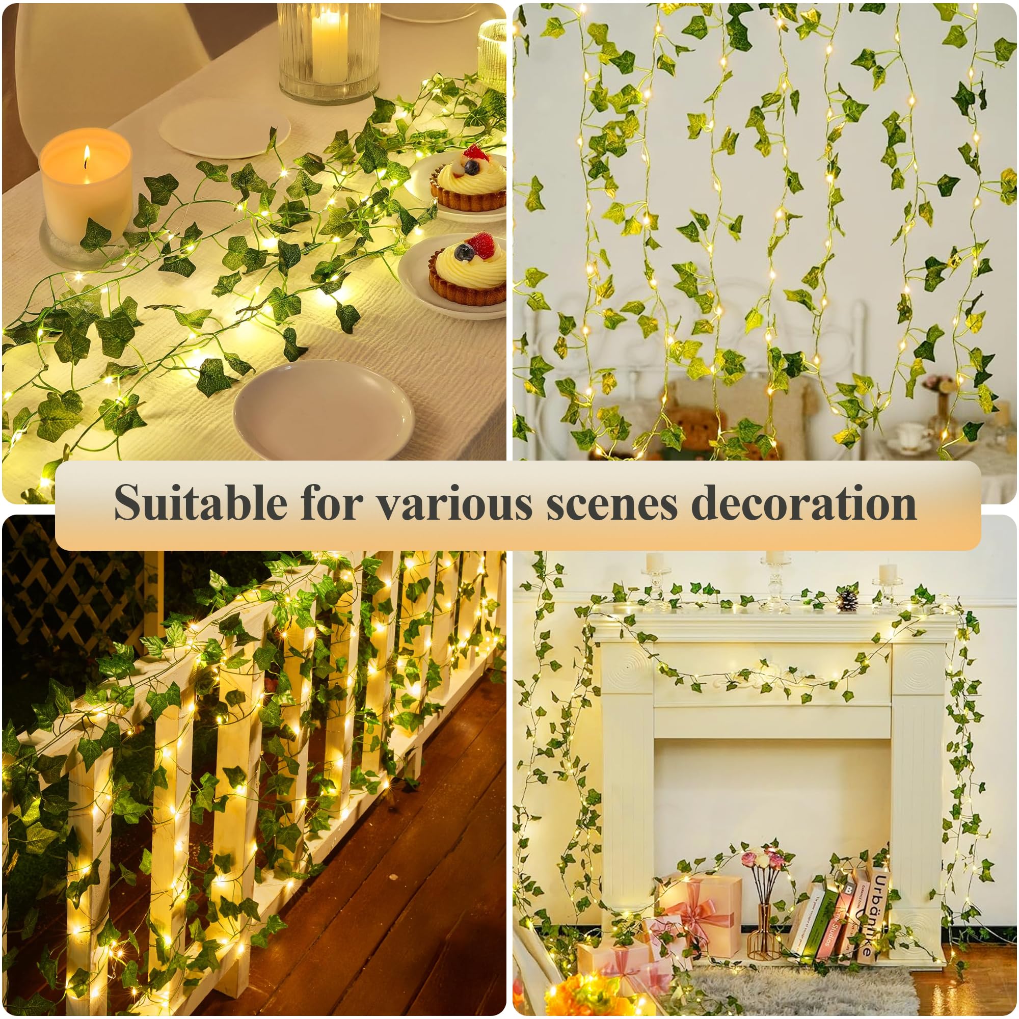 YOUNGAR Efeu-Ranken mit Lichterkette, Blatt-Lichterkette, batterie-/USB-betrieben, 73 LEDs, für Schlafzimmer, Wand, Zimmer, Hochzeit, Geburtstag, Garten, Party, Wanddekoration, Warmweiß