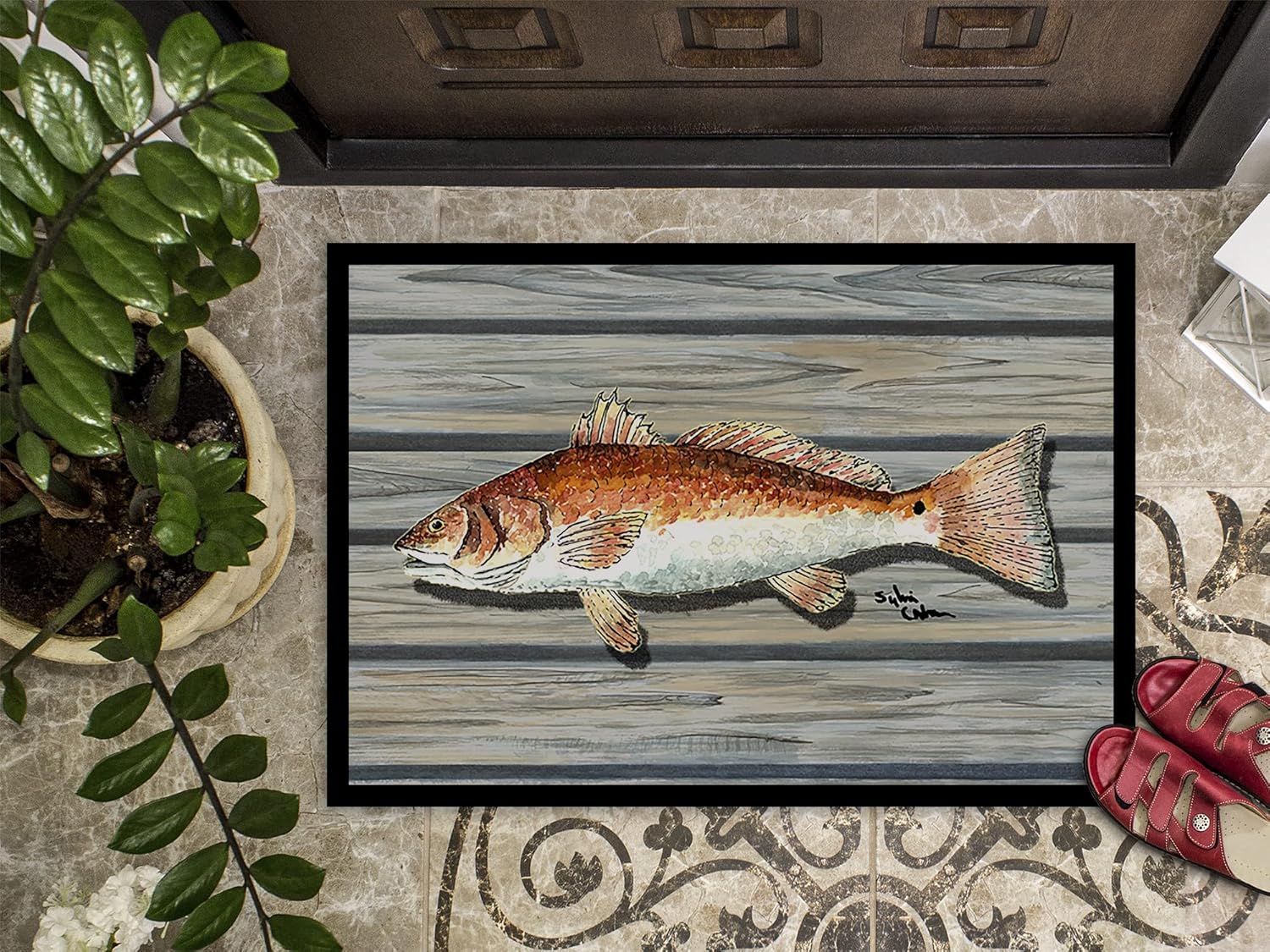 Caroline's Treasures 8489-JMAT Red Fish Doormat 24x36 Front Door Mat Indoor Outdoor Rugs for Entryway, Non Slip Washable Low Pile, 24H X 36W