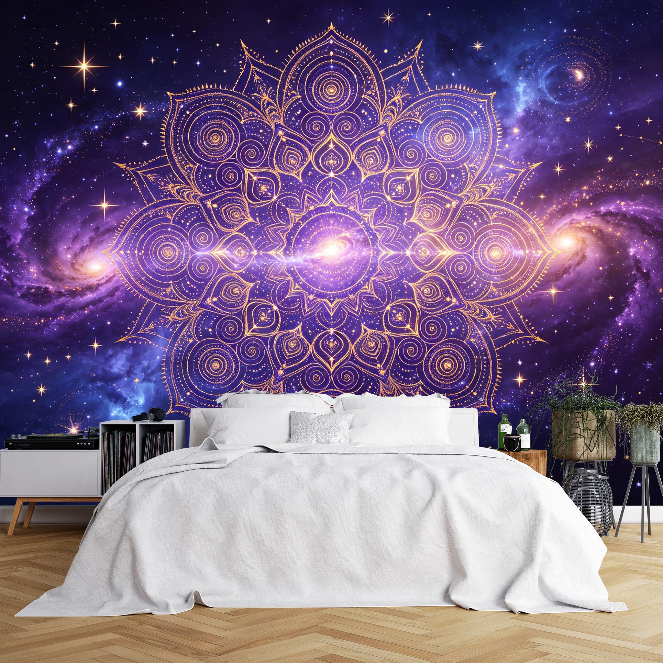 Custom Size Wall Murals Cosmic Mandala Pattern with Nebula and Stars Wall Murals Spiritual Art Wallpaper, Full Wall Self-Adhesive Removable Wallpaper for Bedroom Lounge