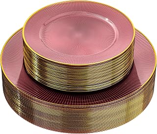 Hioasis 60pcs Burgundy and Gold Plastic Plates - Burgundy Disposable Dinnerware Set, 30pcs Dinner 10.25in & 30pcs Dessert 7.5in Plates with Striped Designs for Party & Wedding